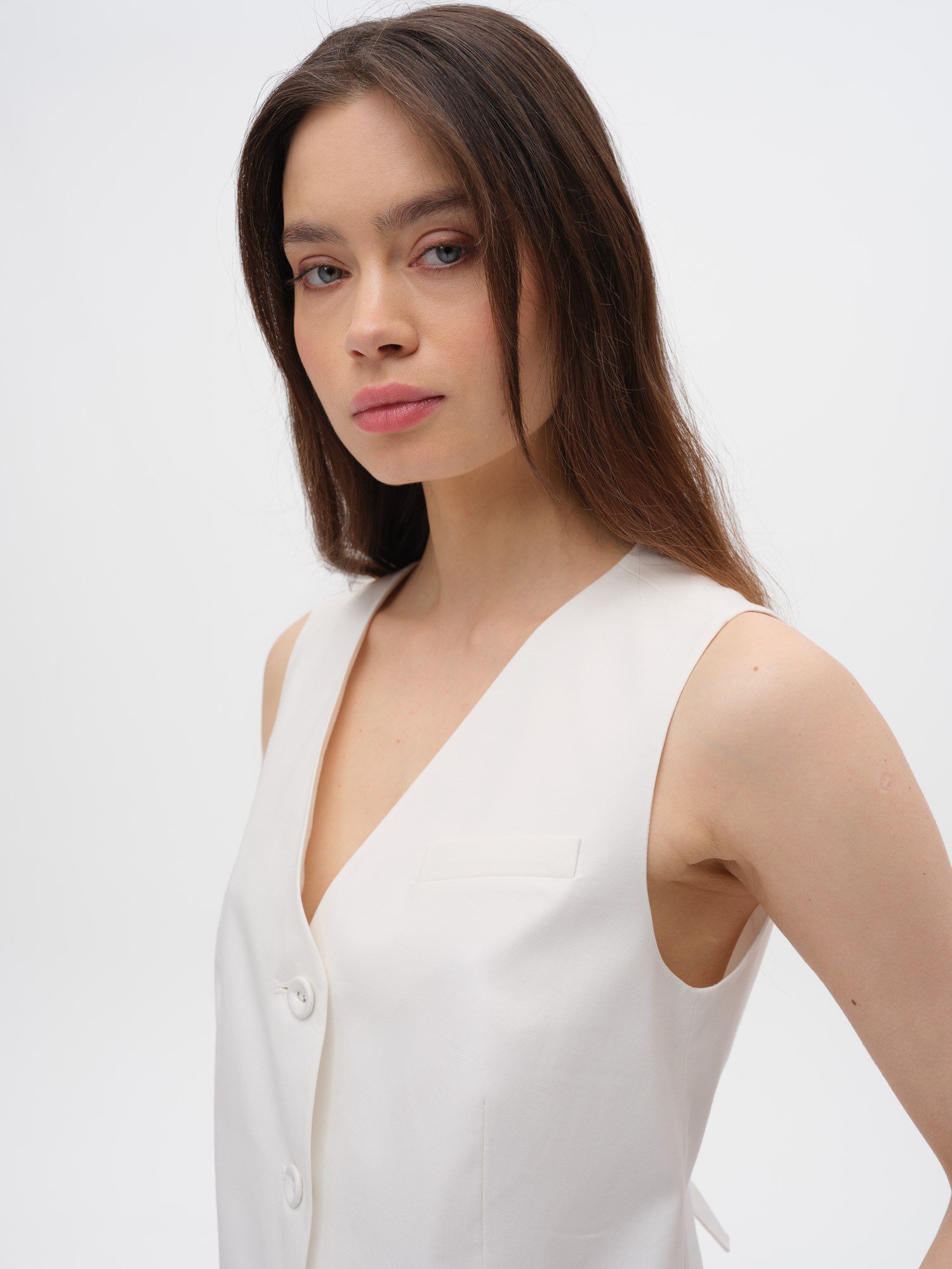 Piarbi Clean Look Minimalist Yelek - Off White Pamuk Modal Karışımlı Premium Tasarım Vest | Yalın Kesim Lüks Kadın Üst Giyim Koleksiyonu