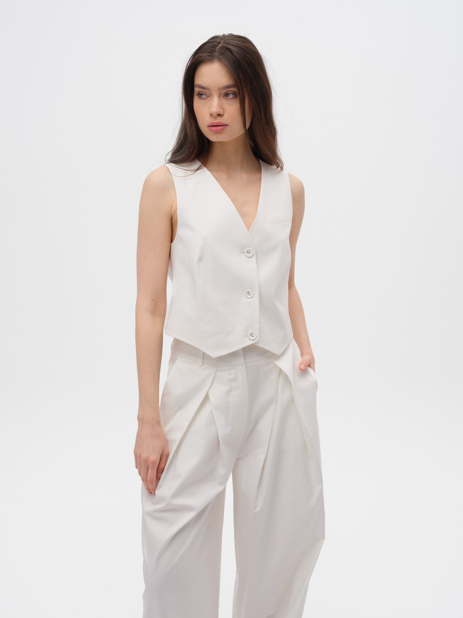 Piarbi Clean Look Minimalist Yelek - Off White Pamuk Modal Karışımlı Premium Tasarım Vest | Yalın Kesim Lüks Kadın Üst Giyim Koleksiyonu