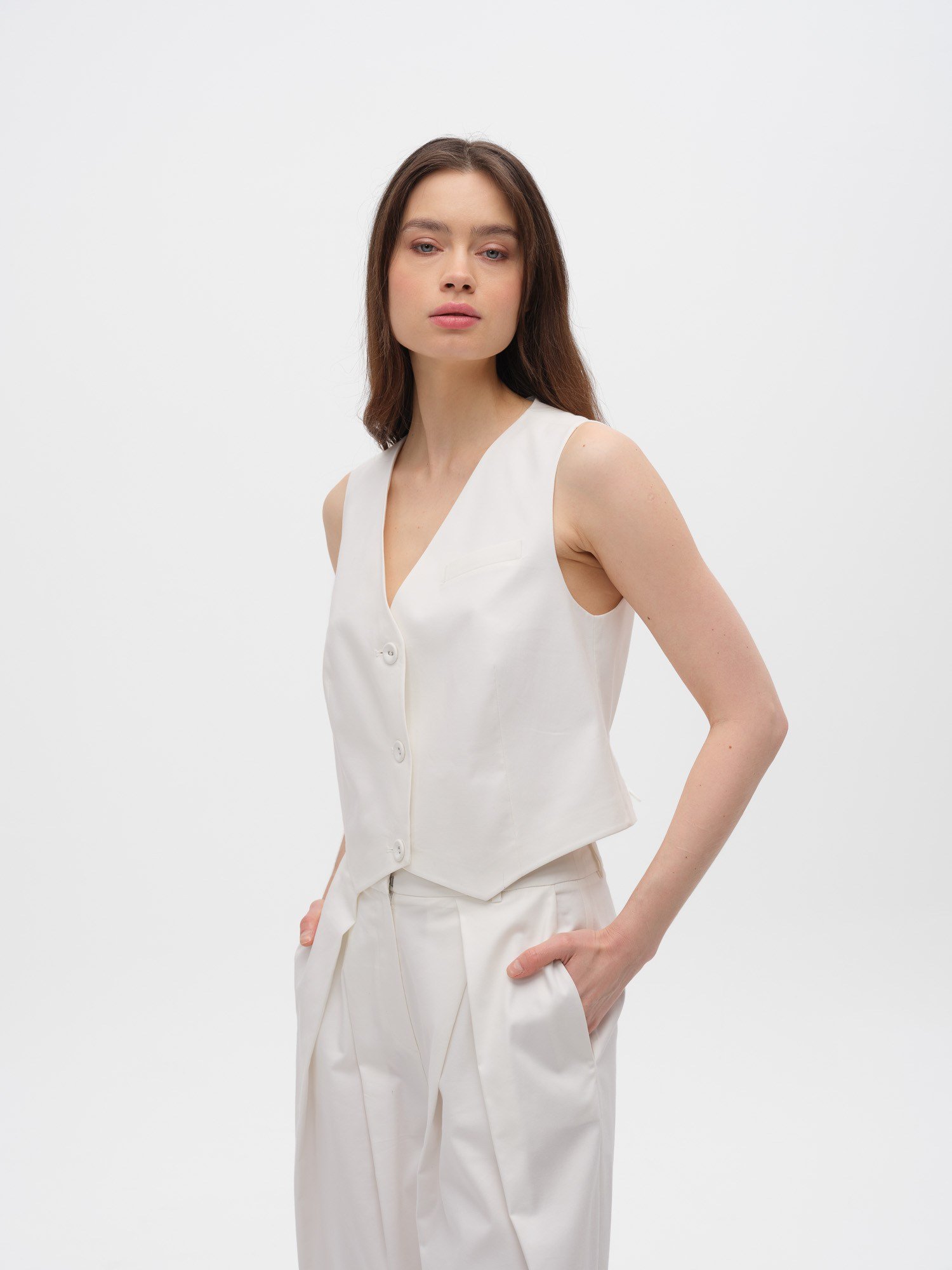Piarbi Clean Look Minimalist Yelek - Off White Pamuk Modal Karışımlı Premium Tasarım Vest | Yalın Kesim Lüks Kadın Üst Giyim Koleksiyonu