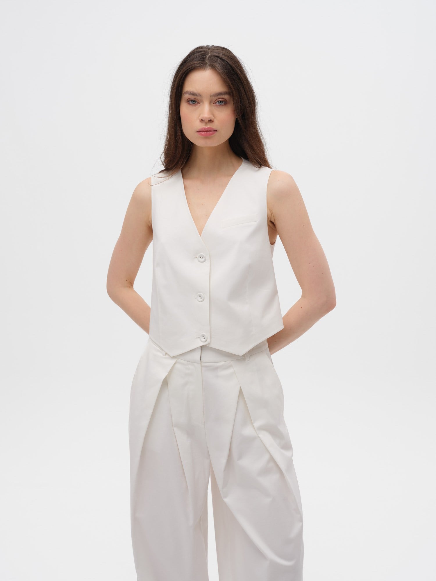 Piarbi Clean Look Minimalist Yelek - Off White Pamuk Modal Karışımlı Premium Tasarım Vest | Yalın Kesim Lüks Kadın Üst Giyim Koleksiyonu