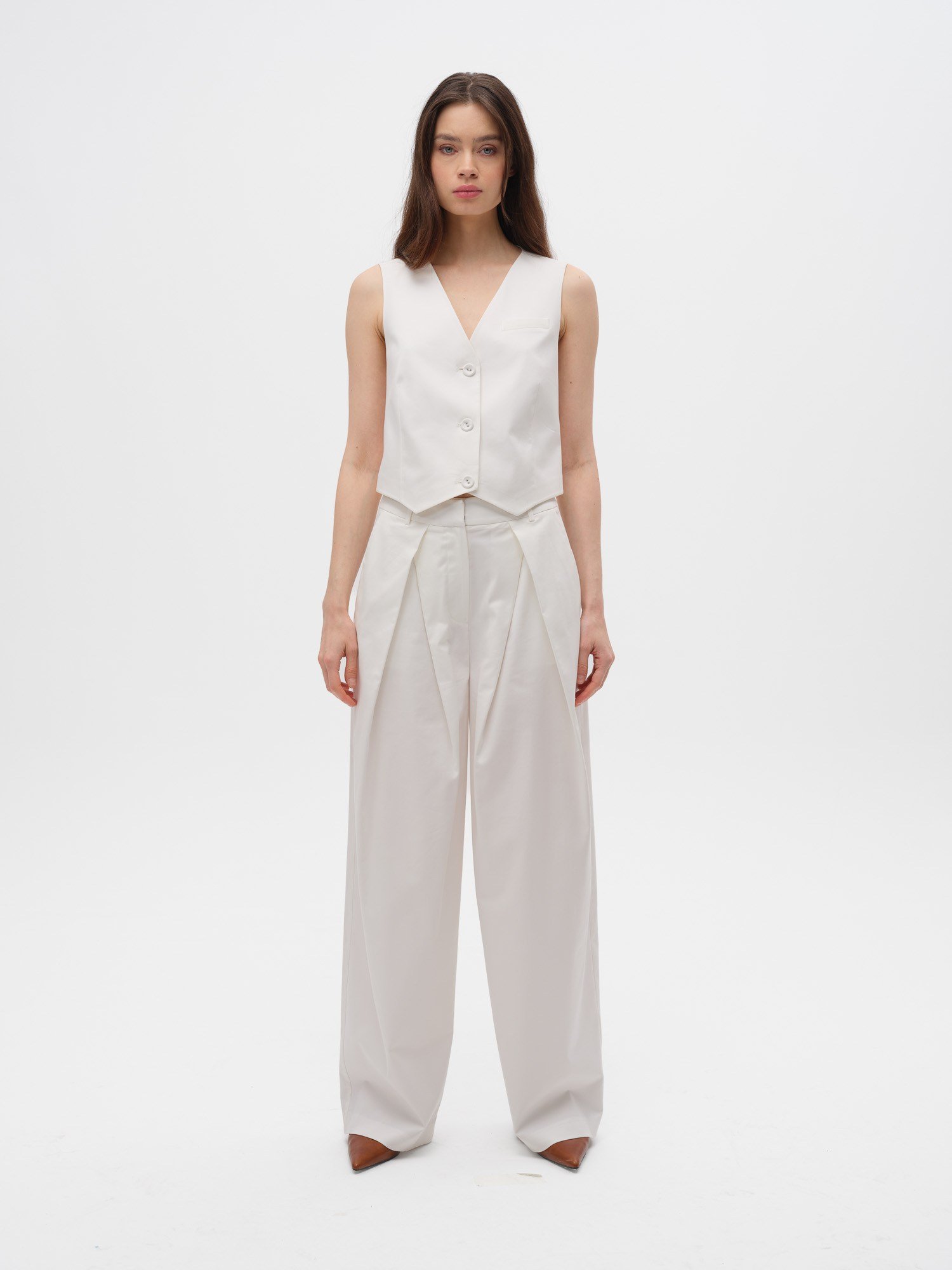 Piarbi Derin Pileli Dökümlü Geniş Kesim Pantolon - Off White Pamuk Modal Karışımlı Premium Tasarım