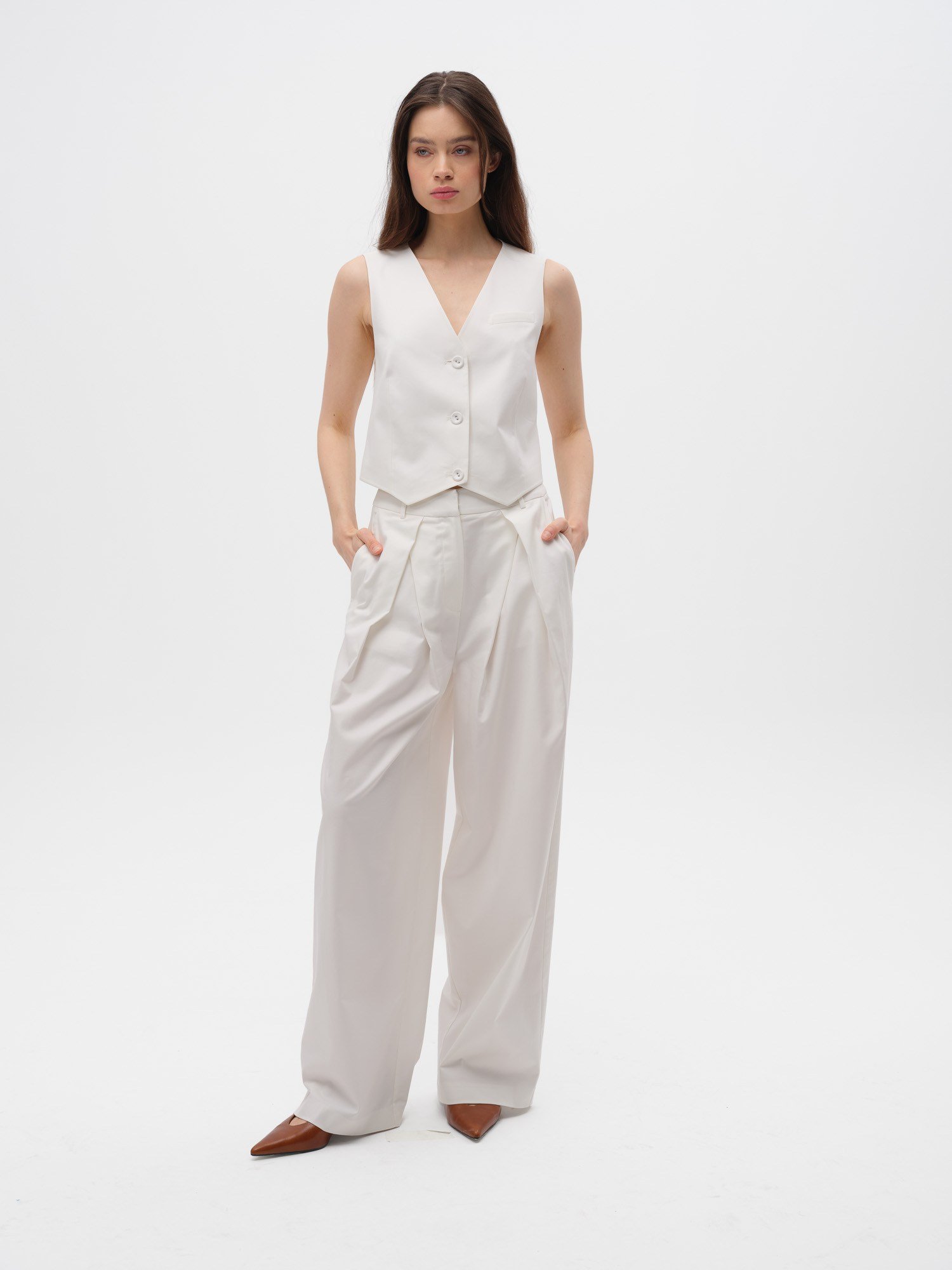 Piarbi Derin Pileli Dökümlü Geniş Kesim Pantolon - Off White Pamuk Modal Karışımlı Premium Tasarım
