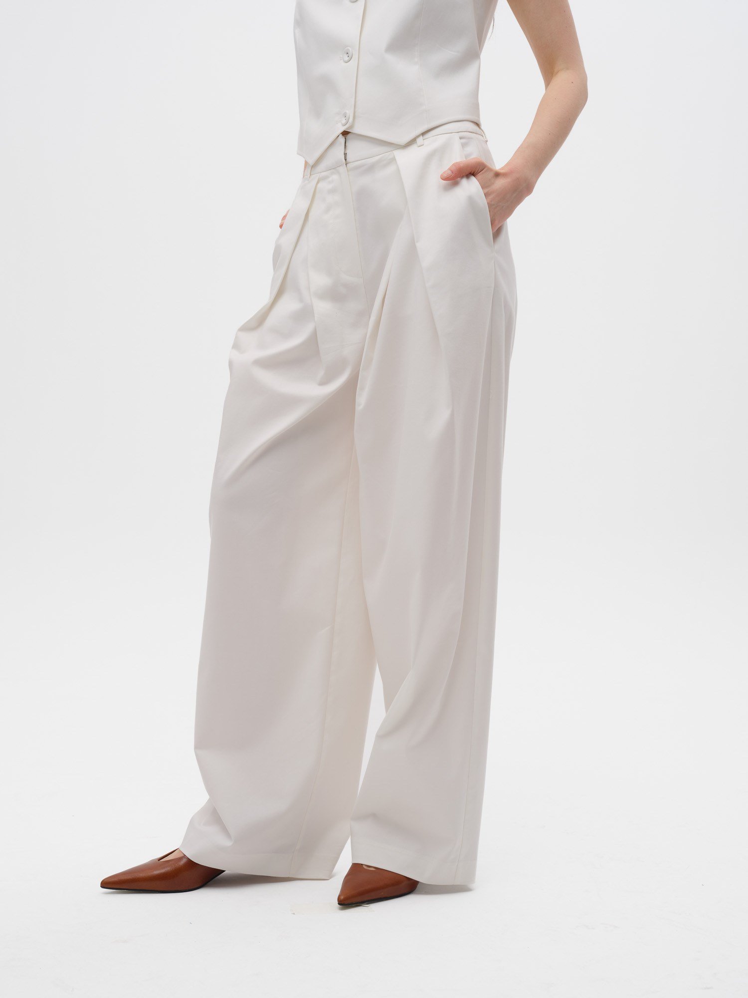 Piarbi Derin Pileli Dökümlü Geniş Kesim Pantolon - Off White Pamuk Modal Karışımlı Premium Tasarım