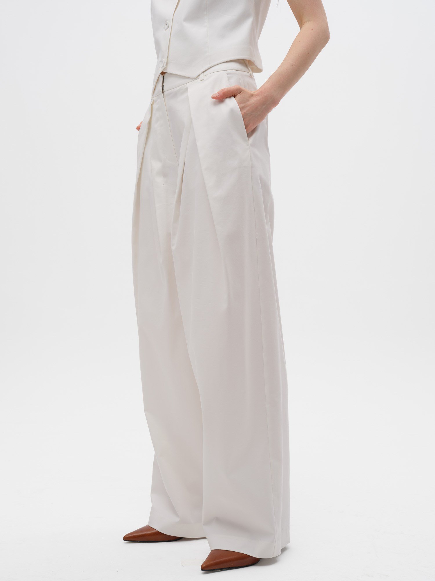 Piarbi Derin Pileli Dökümlü Geniş Kesim Pantolon - Off White Pamuk Modal Karışımlı Premium Tasarım
