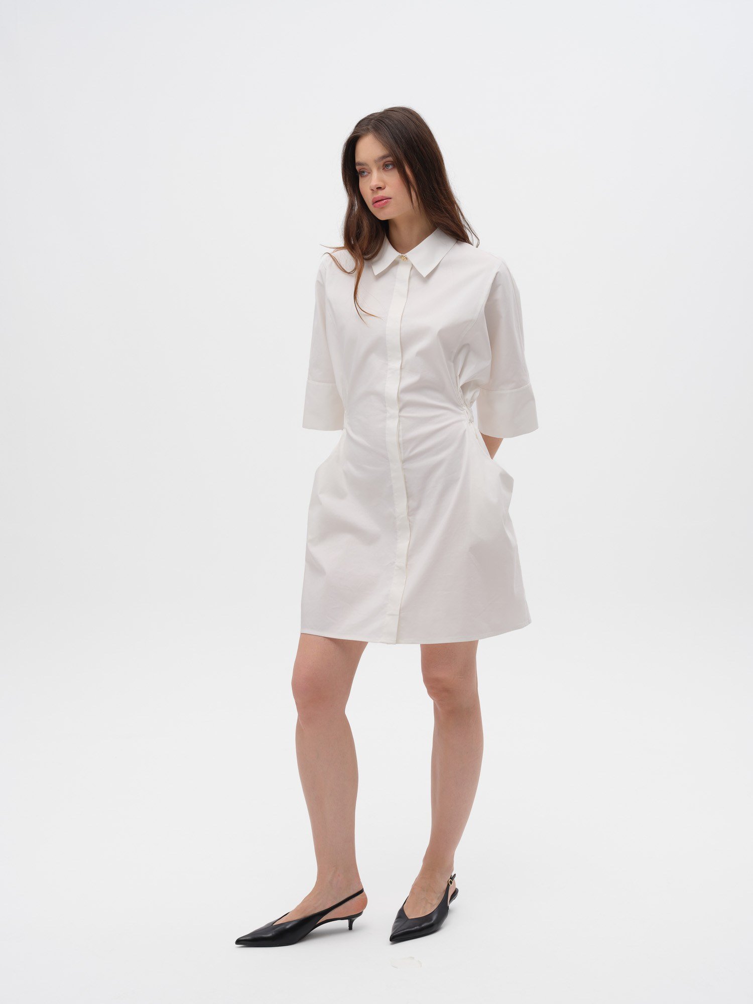 Piarbi Düşük Omuz Rüzgarlık Detaylı Poplin Elbise - Beyaz %100 Kompakt Pamuk Tasarım Short Dress