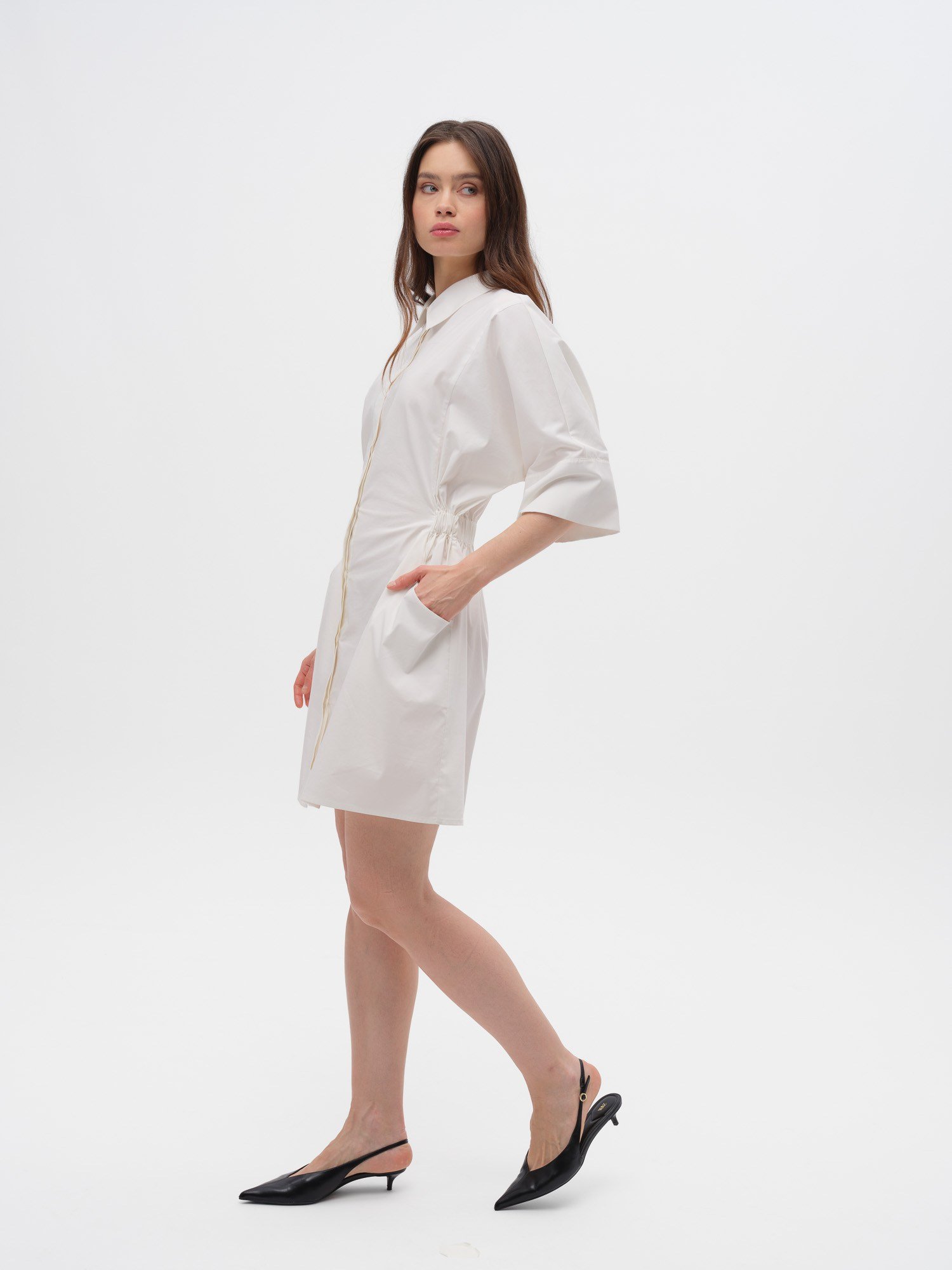 Piarbi Düşük Omuz Rüzgarlık Detaylı Poplin Elbise - Beyaz %100 Kompakt Pamuk Tasarım Short Dress