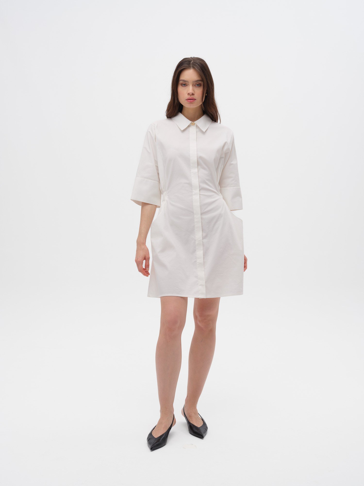 Piarbi Düşük Omuz Rüzgarlık Detaylı Poplin Elbise - Beyaz %100 Kompakt Pamuk Tasarım Short Dress