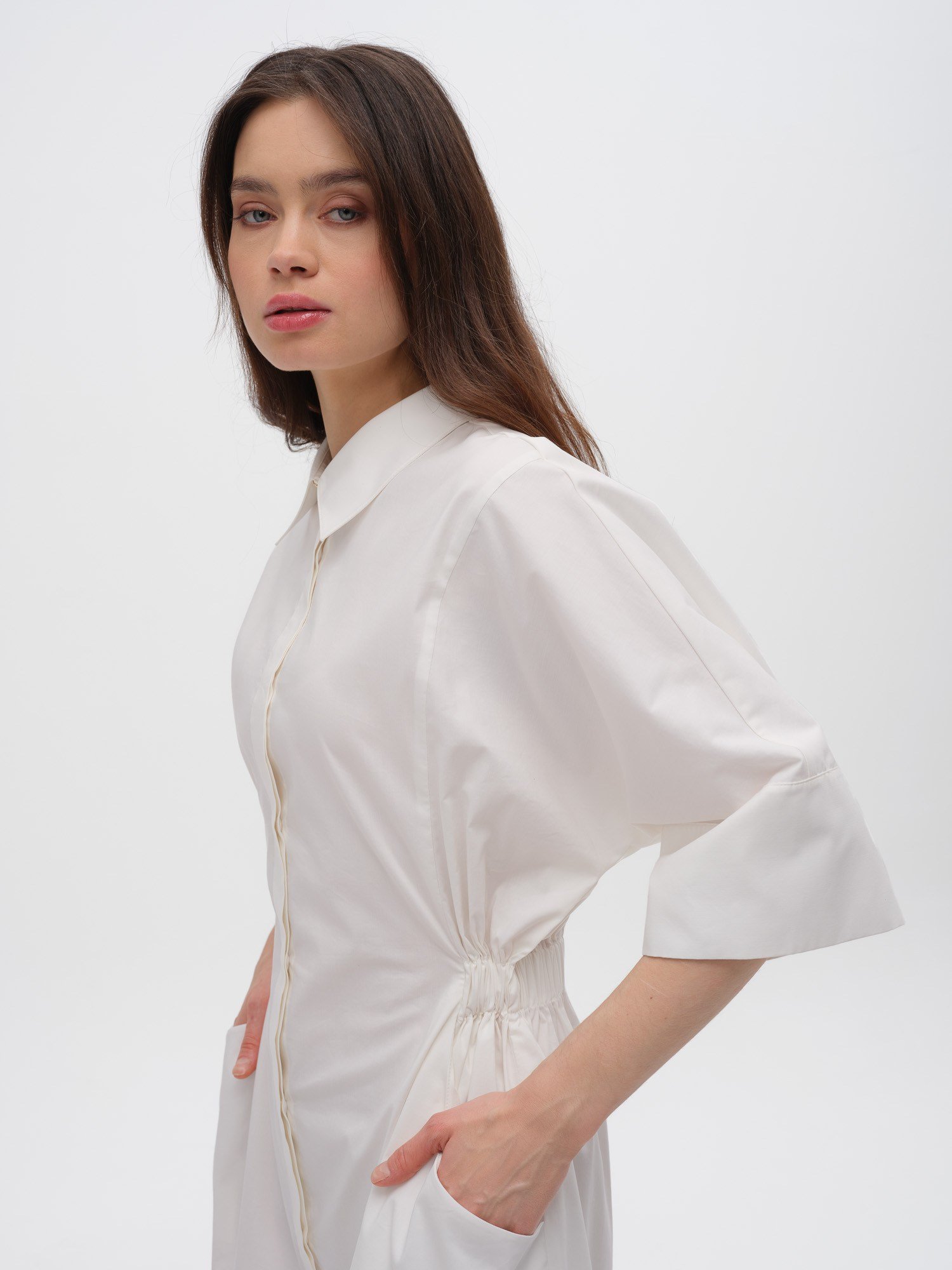 Piarbi Düşük Omuz Rüzgarlık Detaylı Poplin Elbise - Beyaz %100 Kompakt Pamuk Tasarım Short Dress
