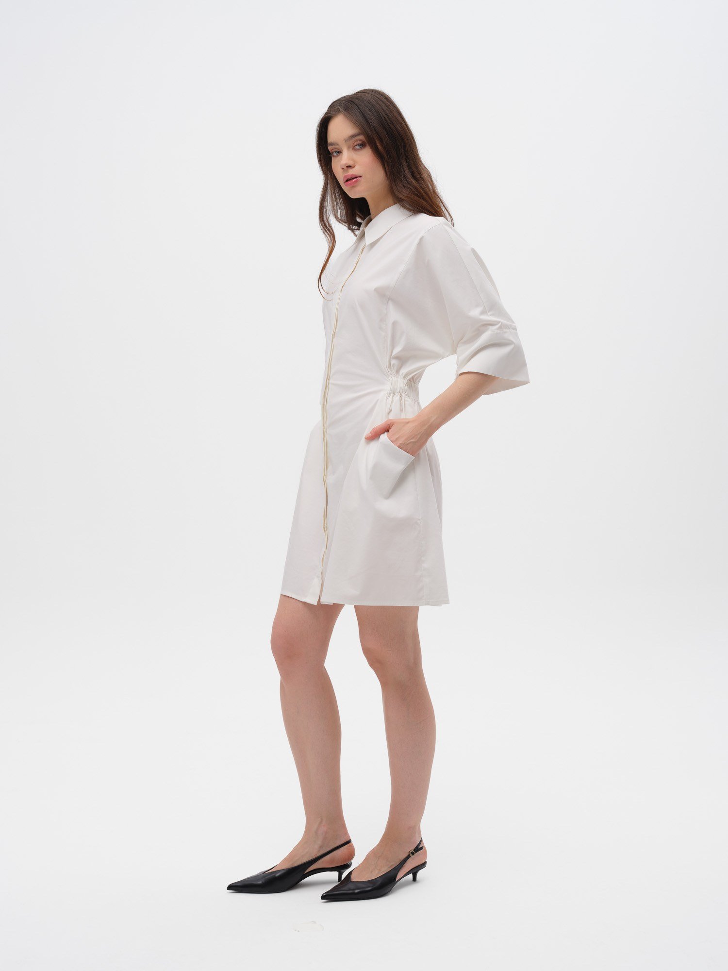 Piarbi Düşük Omuz Rüzgarlık Detaylı Poplin Elbise - Beyaz %100 Kompakt Pamuk Tasarım Short Dress