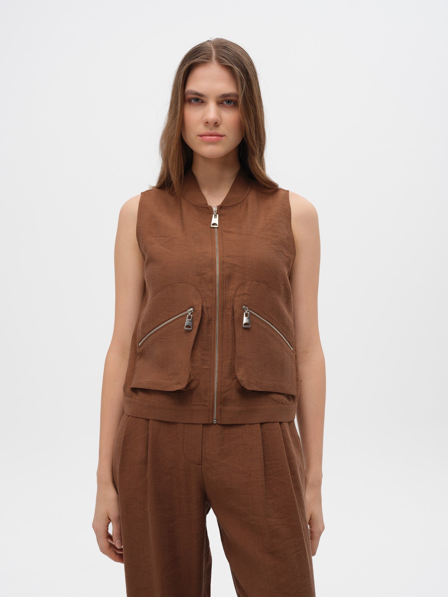 Piarbi Fermuarlı Cep Detaylı Rahat Kesim Yelek - Enfiye Tencel Karışımlı Premium Relax Vest Tasarım