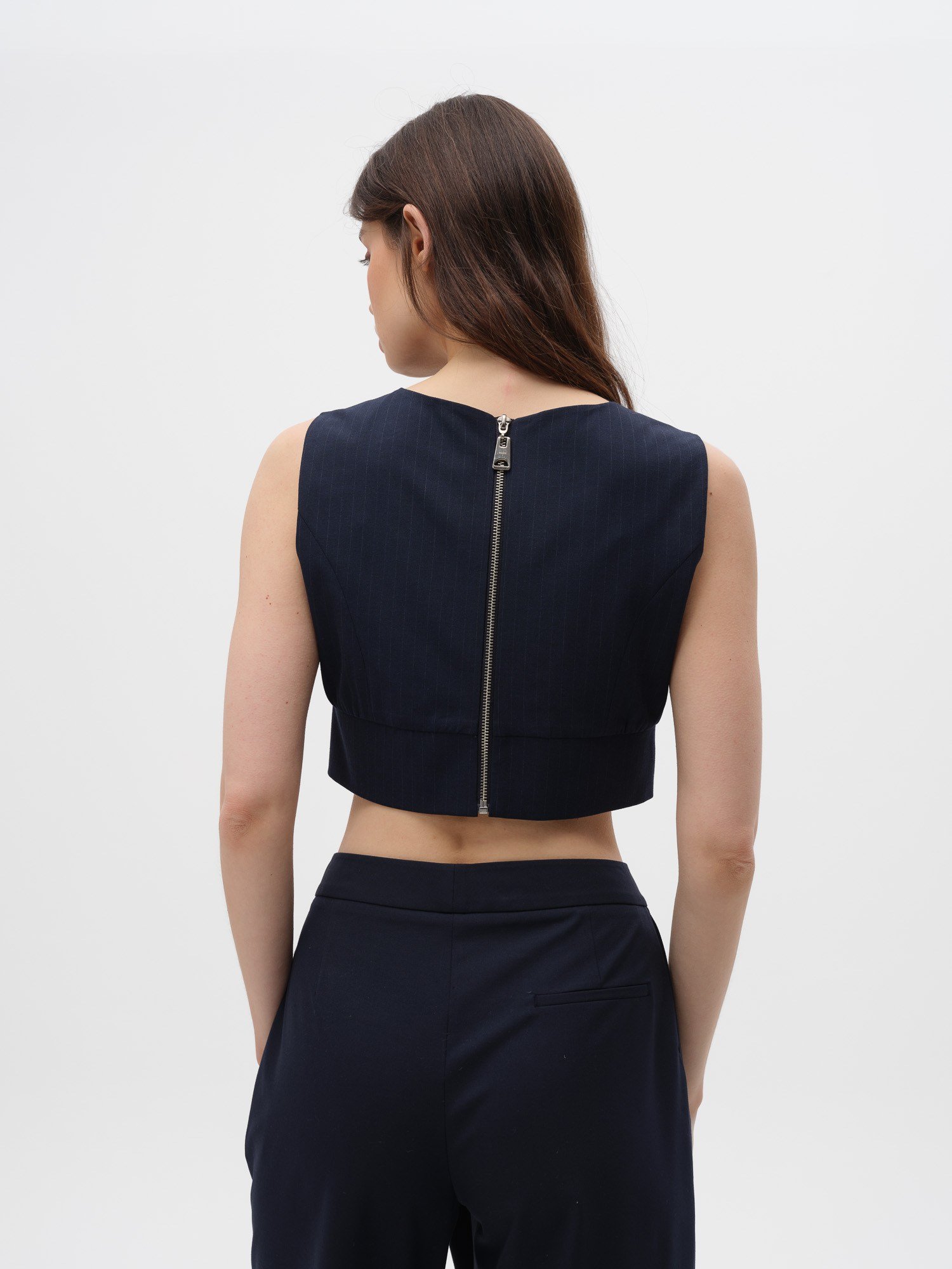 Piarbi Fermuarlı Nakış Detaylı Çizgili Crop Top - Lacivert Premium Viskon Karışımlı Zip-up Striped Top
