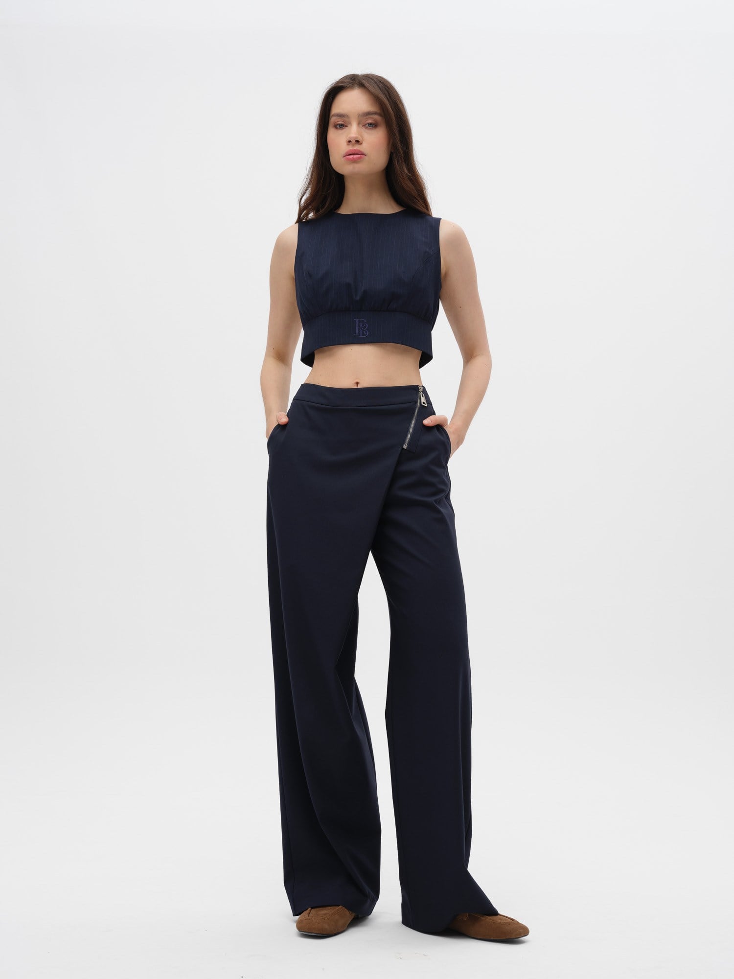 Piarbi Fermuarlı Nakış Detaylı Çizgili Crop Top - Lacivert Premium Viskon Karışımlı Zip-up Striped Top