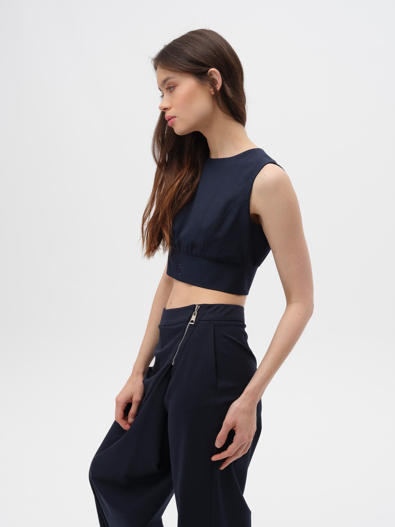 Piarbi Fermuarlı Nakış Detaylı Çizgili Crop Top - Lacivert Premium Viskon Karışımlı Zip-up Striped Top