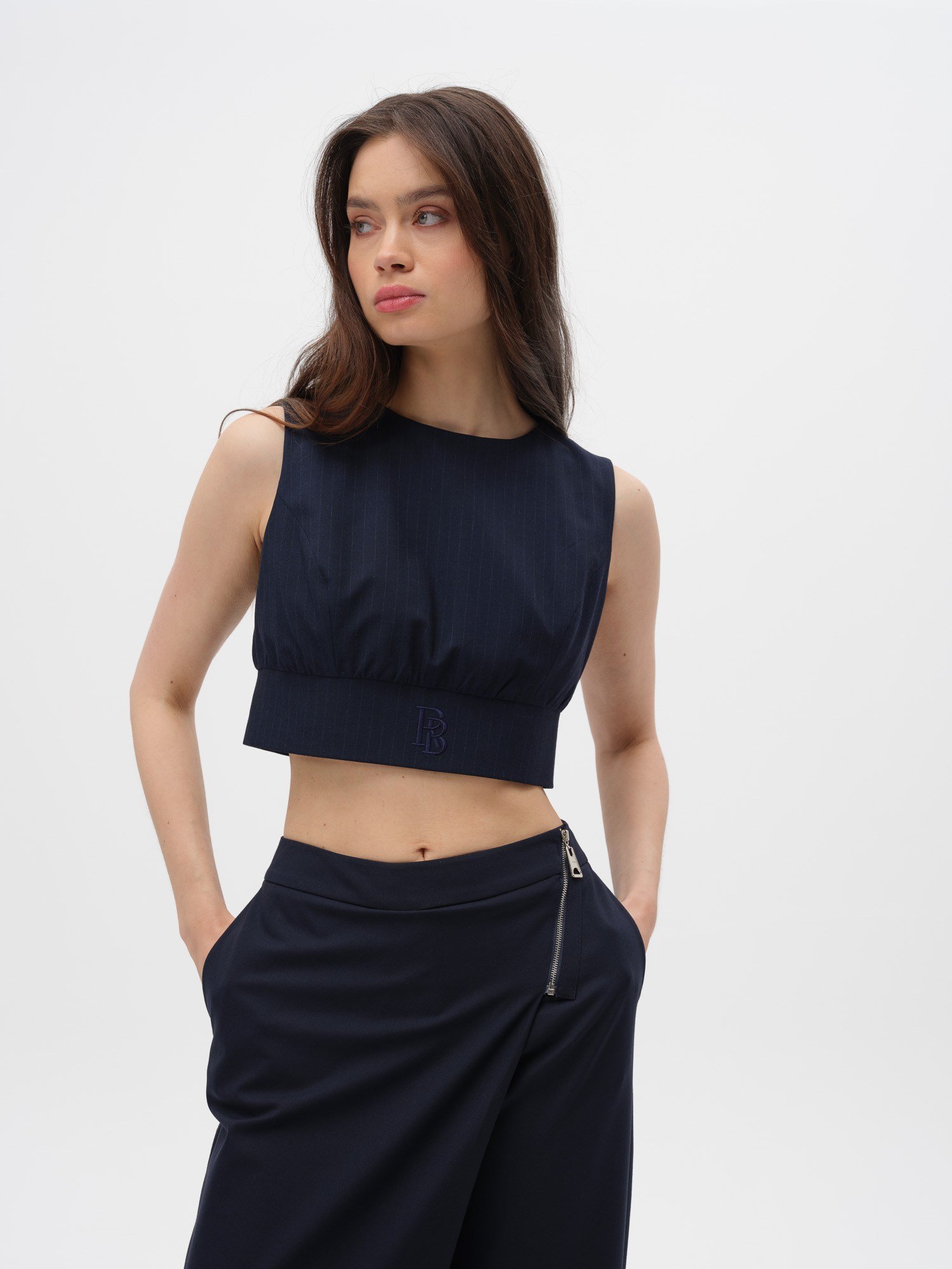 Piarbi Fermuarlı Nakış Detaylı Çizgili Crop Top - Lacivert Premium Viskon Karışımlı Zip-up Striped Top