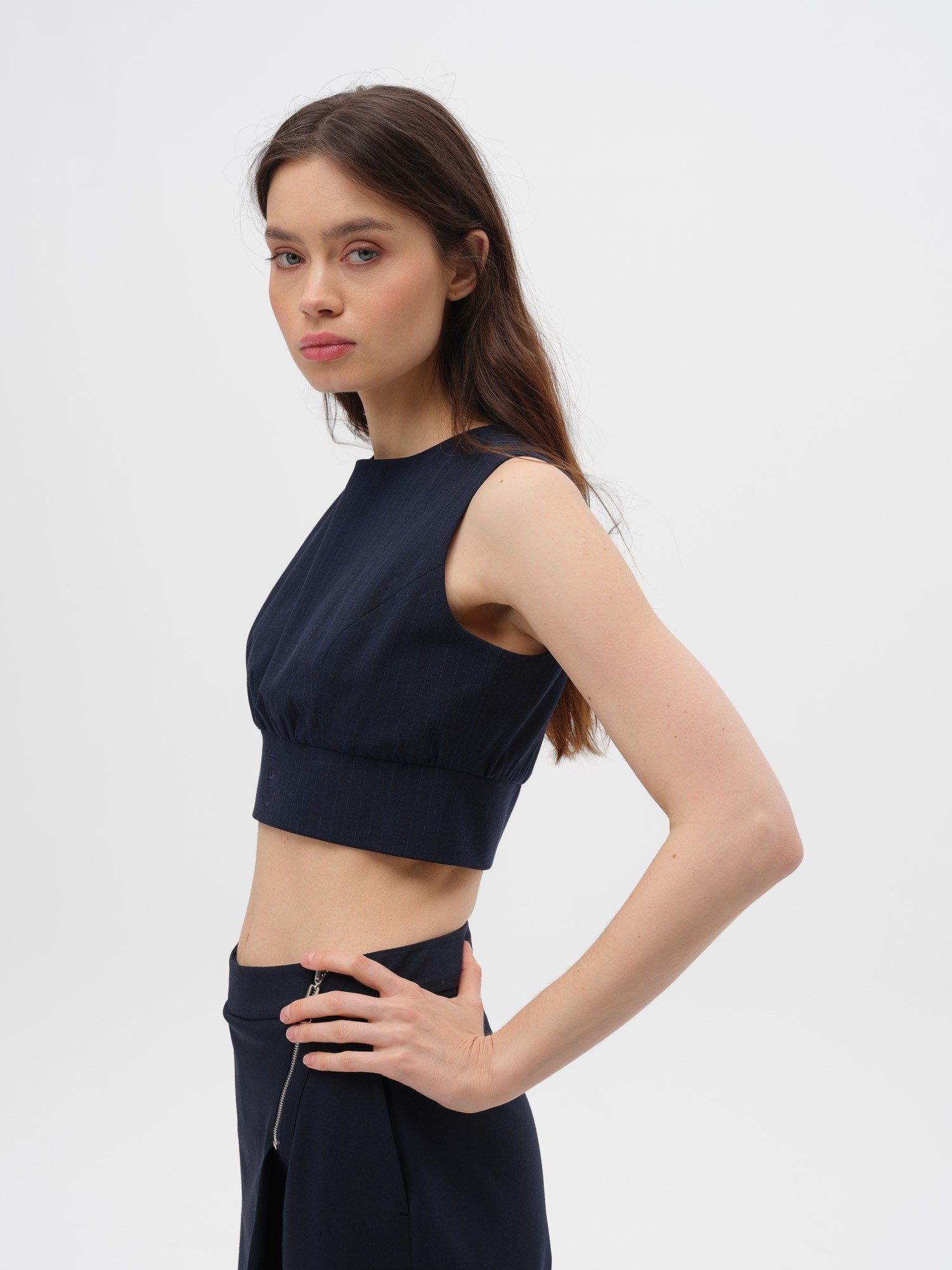 Piarbi Fermuarlı Nakış Detaylı Çizgili Crop Top - Lacivert Premium Viskon Karışımlı Zip-up Striped Top