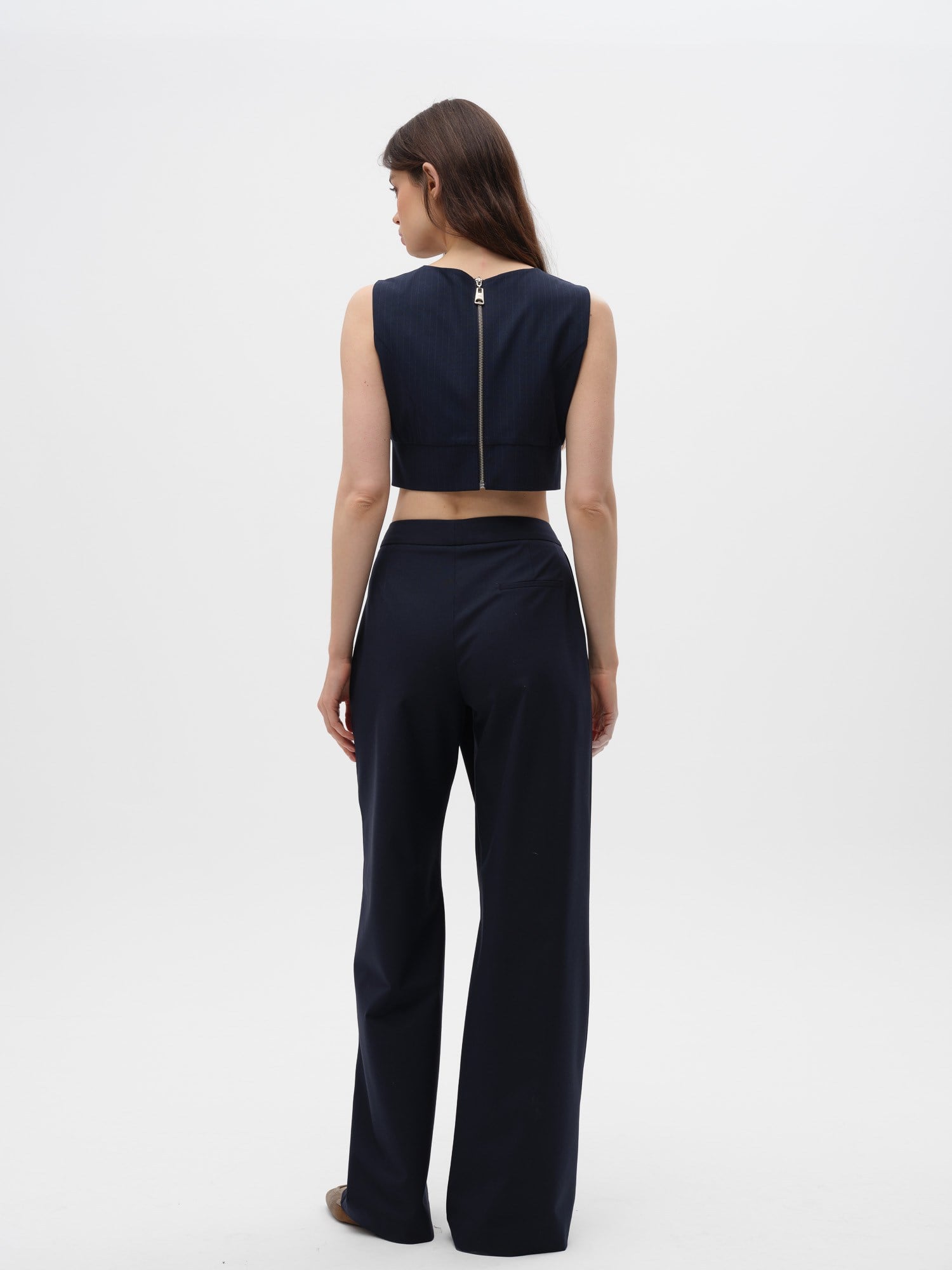 Piarbi Fermuarlı Nakış Detaylı Çizgili Crop Top - Lacivert Premium Viskon Karışımlı Zip-up Striped Top