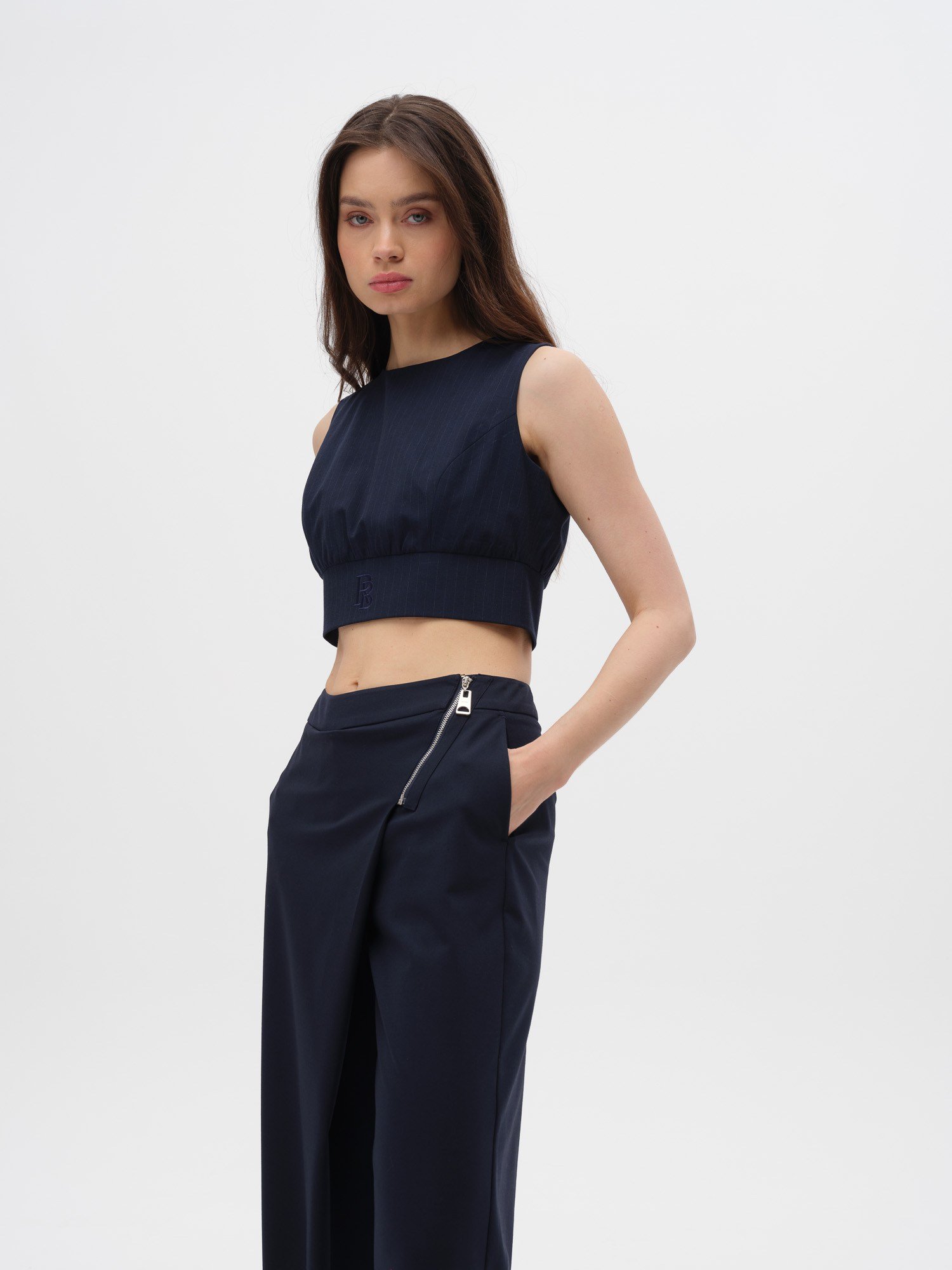 Piarbi Fermuarlı Nakış Detaylı Çizgili Crop Top - Lacivert Premium Viskon Karışımlı Zip-up Striped Top