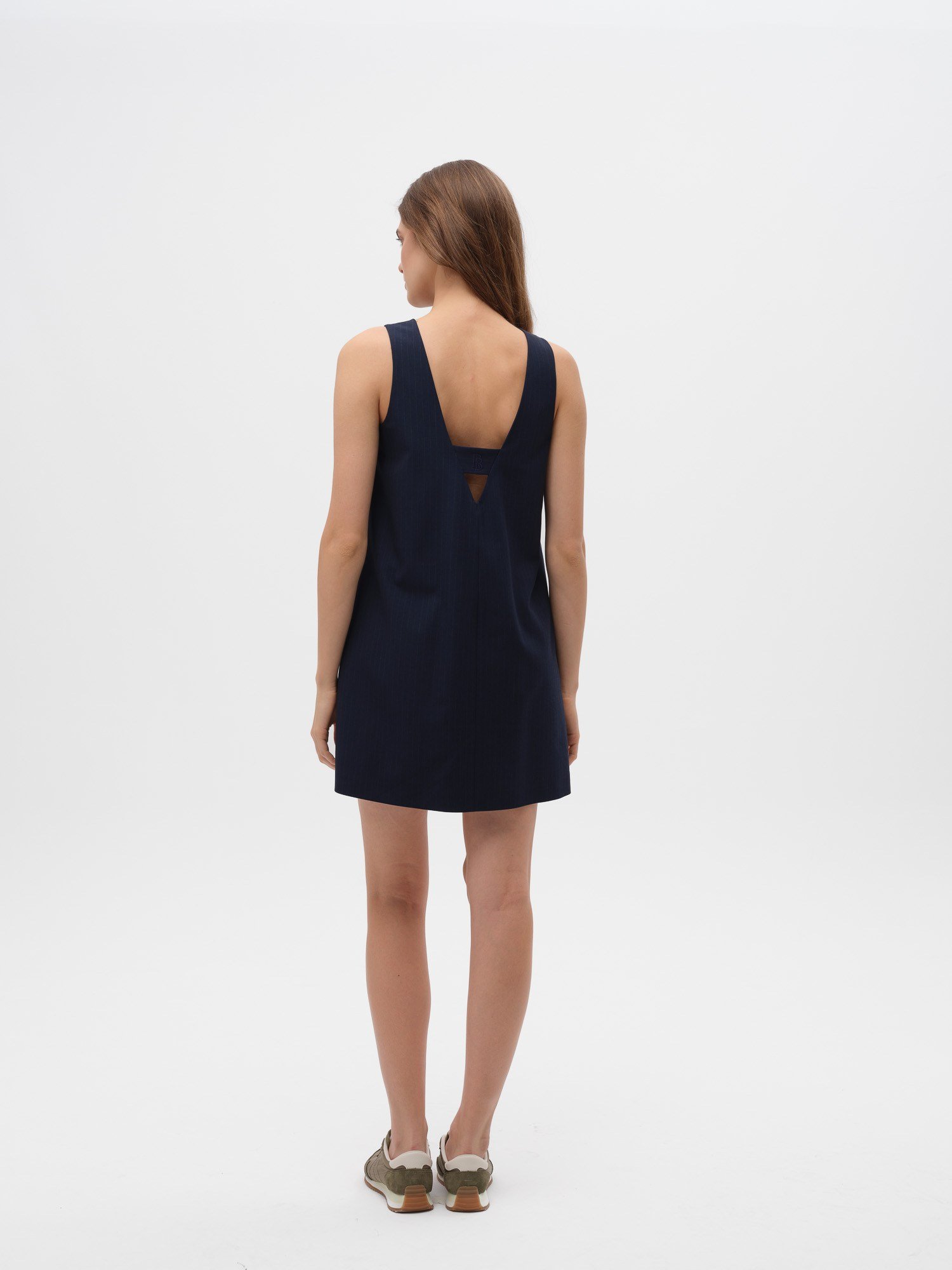 Piarbi Kolsuz Çizgili Mini Elbise - Lacivert Premium Viskon Karışımlı Tasarım Short Dress