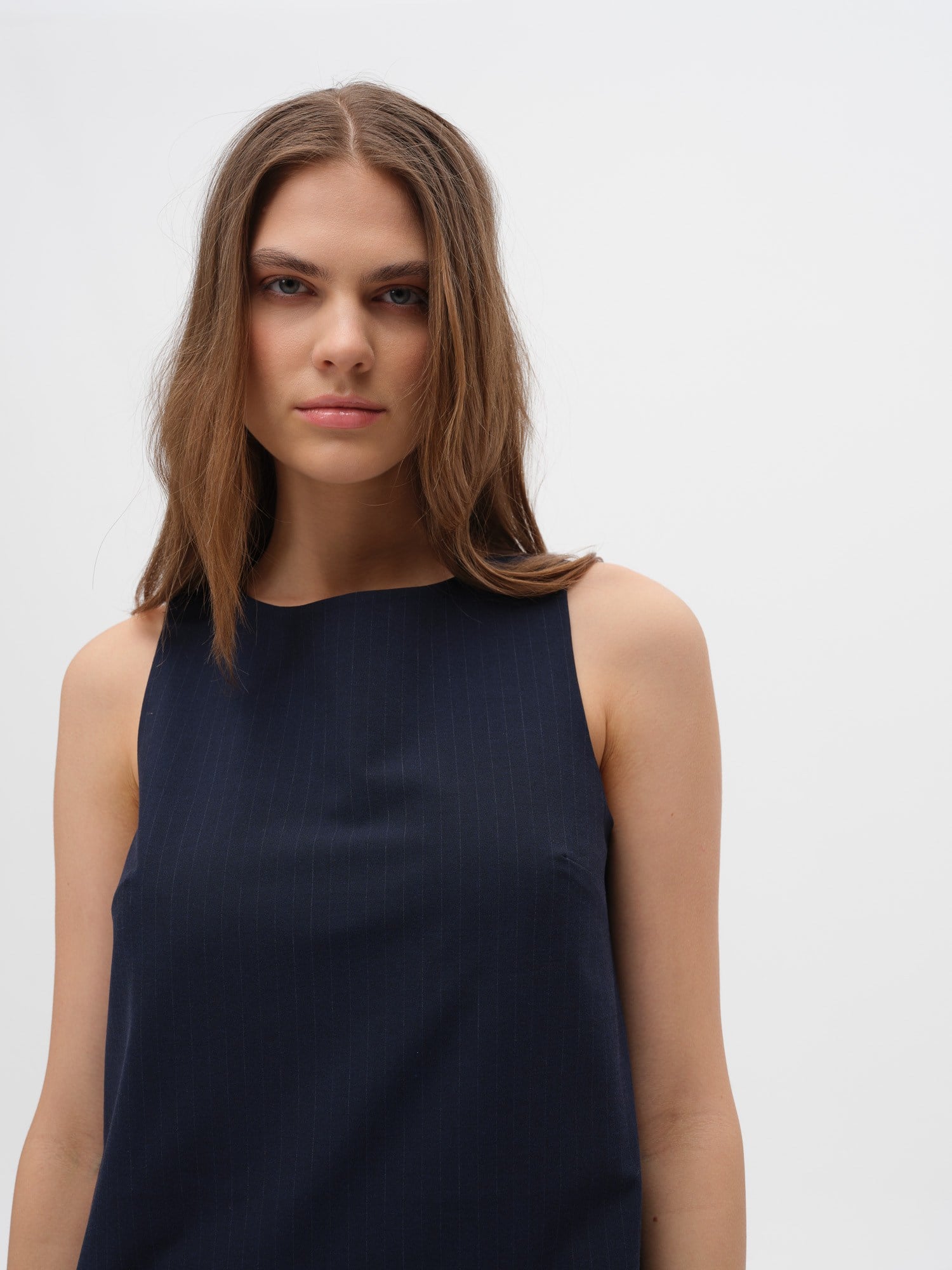 Piarbi Kolsuz Çizgili Mini Elbise - Lacivert Premium Viskon Karışımlı Tasarım Short Dress