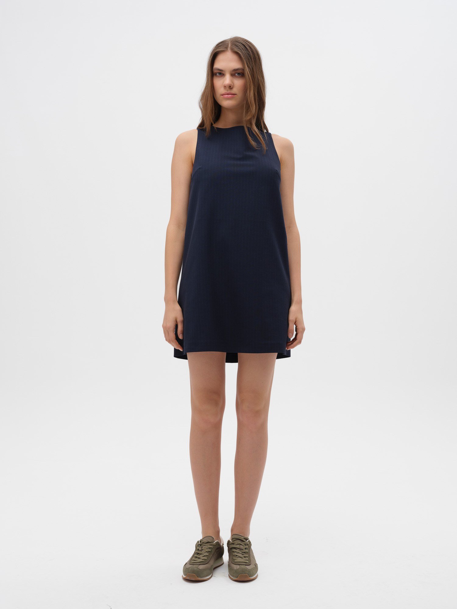 Piarbi Kolsuz Çizgili Mini Elbise - Lacivert Premium Viskon Karışımlı Tasarım Short Dress