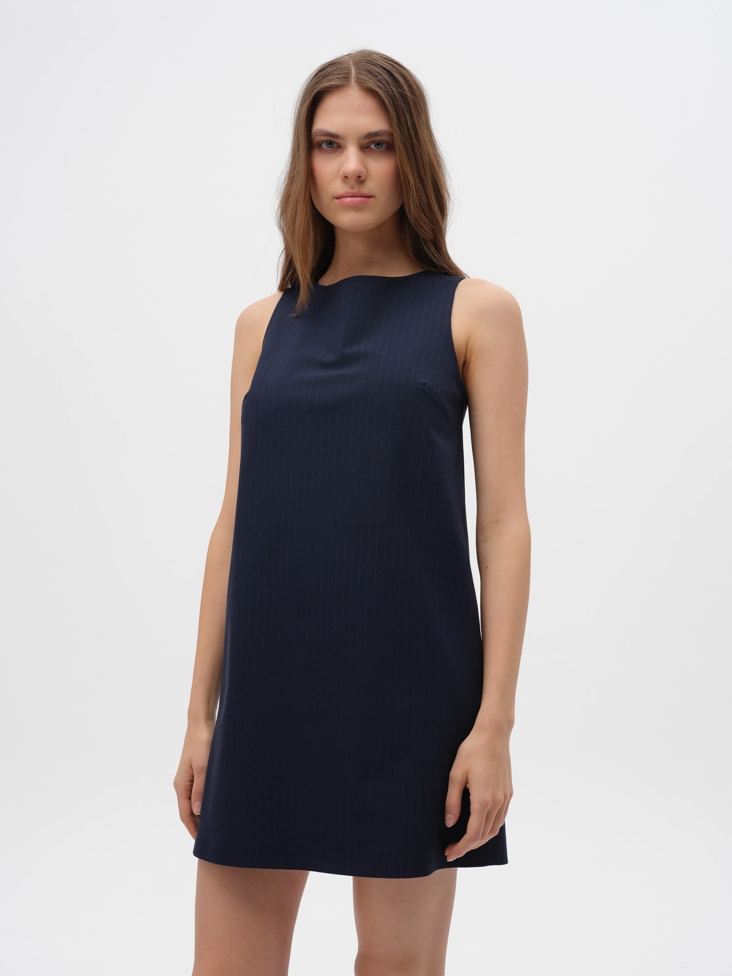 Piarbi Kolsuz Çizgili Mini Elbise - Lacivert Premium Viskon Karışımlı Tasarım Short Dress
