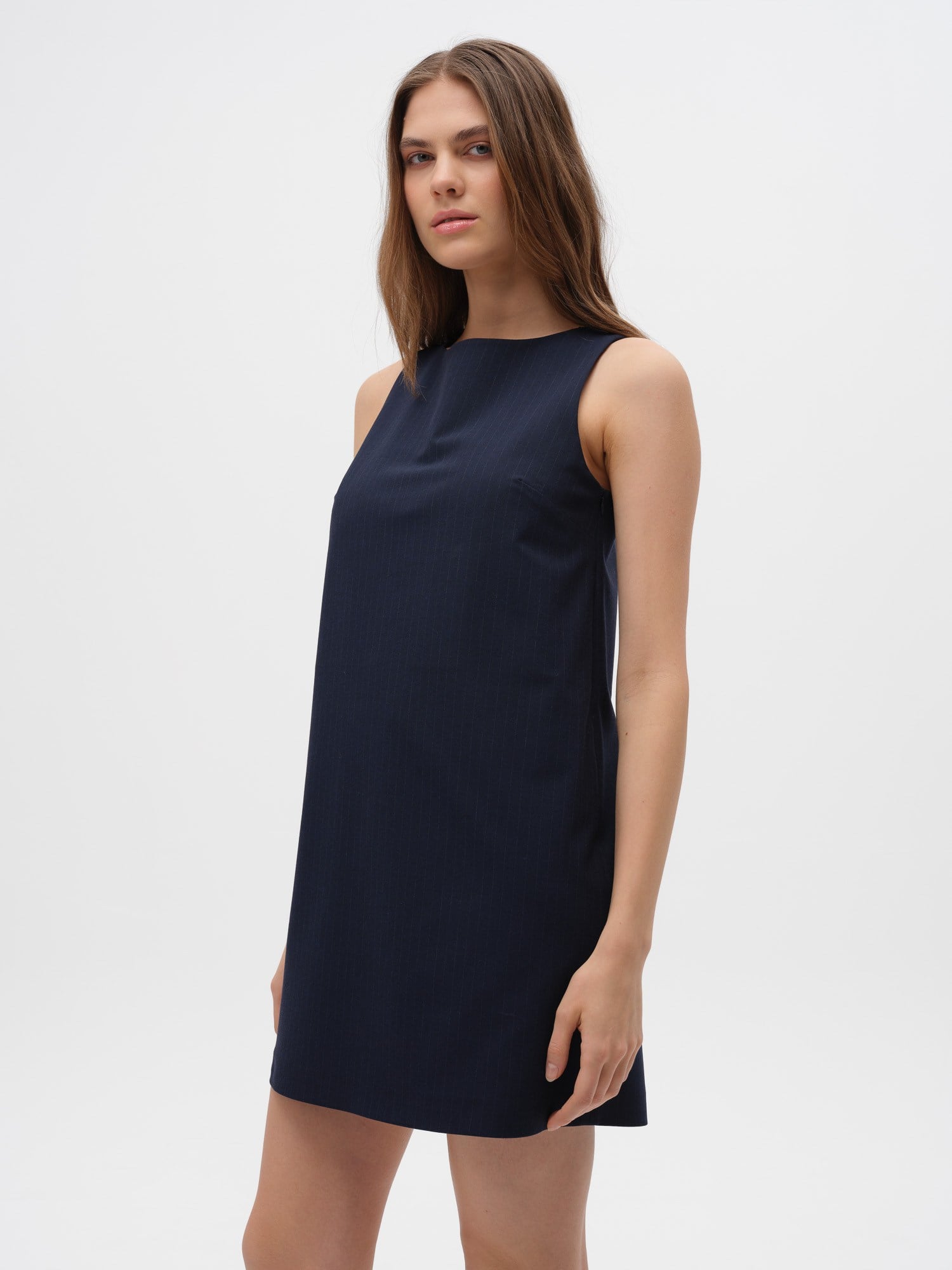 Piarbi Kolsuz Çizgili Mini Elbise - Lacivert Premium Viskon Karışımlı Tasarım Short Dress