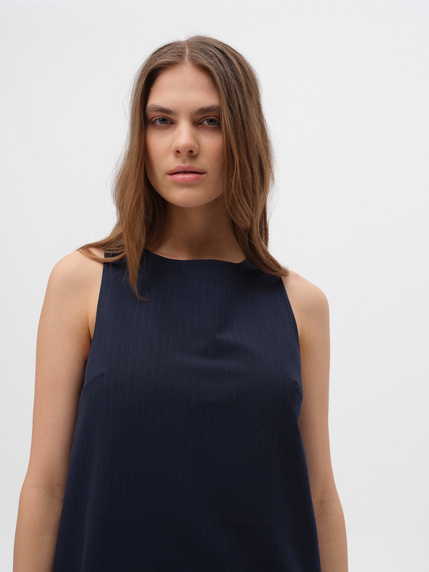 Piarbi Kolsuz Çizgili Mini Elbise - Lacivert Premium Viskon Karışımlı Tasarım Short Dress