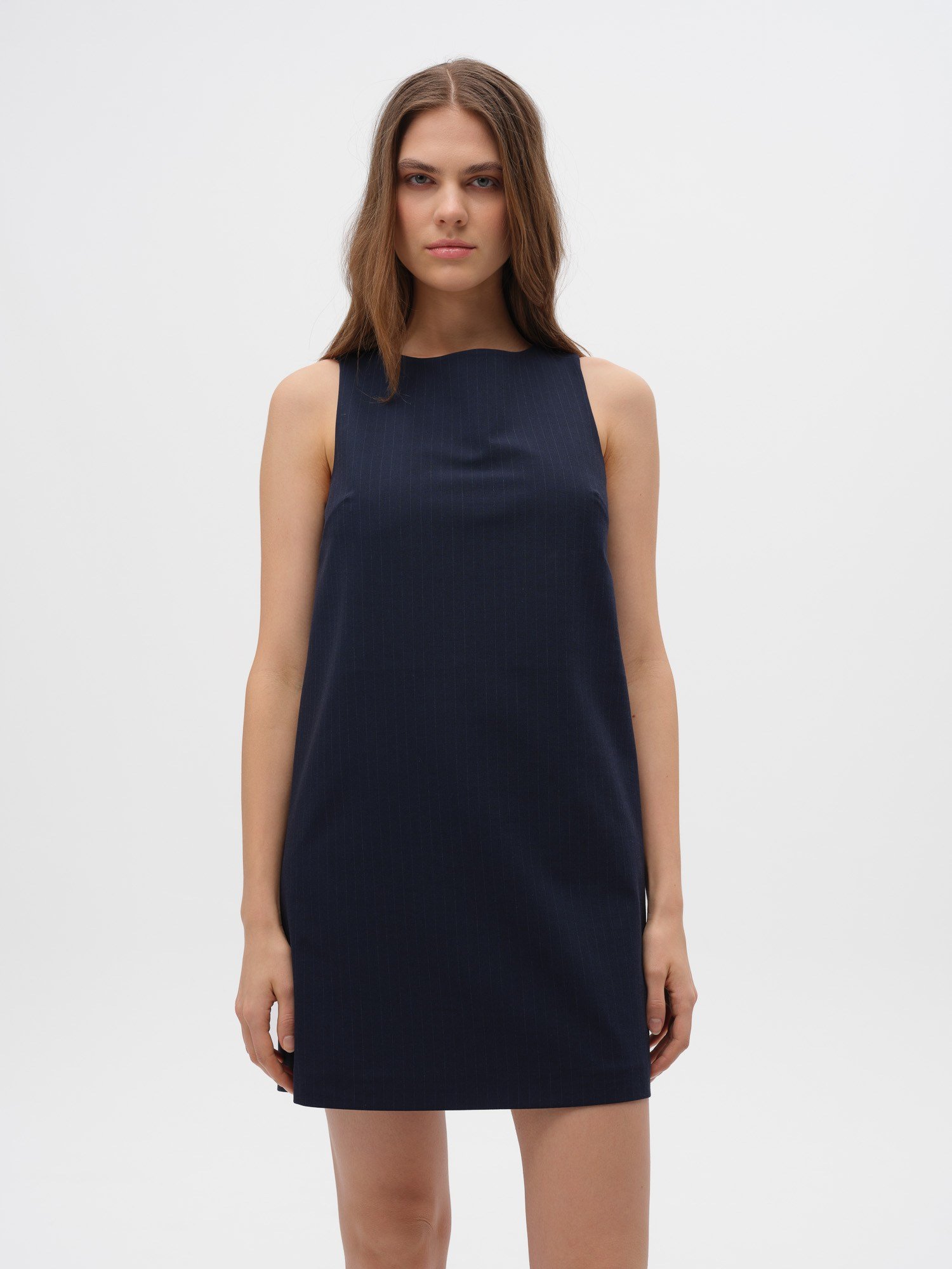 Piarbi Kolsuz Çizgili Mini Elbise - Lacivert Premium Viskon Karışımlı Tasarım Short Dress