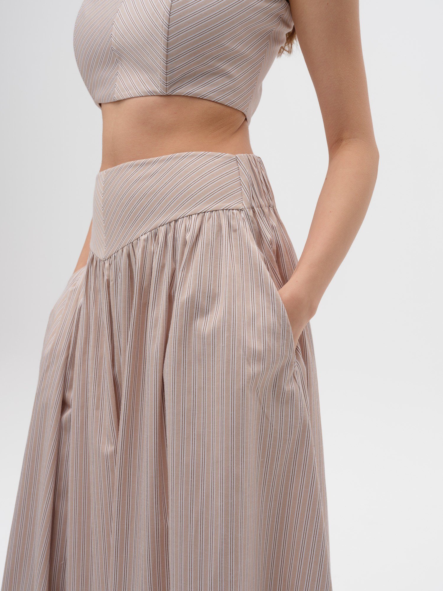 Piarbi Korse Kemer Detaylı Çizgili Bol Kesim Etek - Bej Beyaz Premium Cotton Blend Bodice Skirt