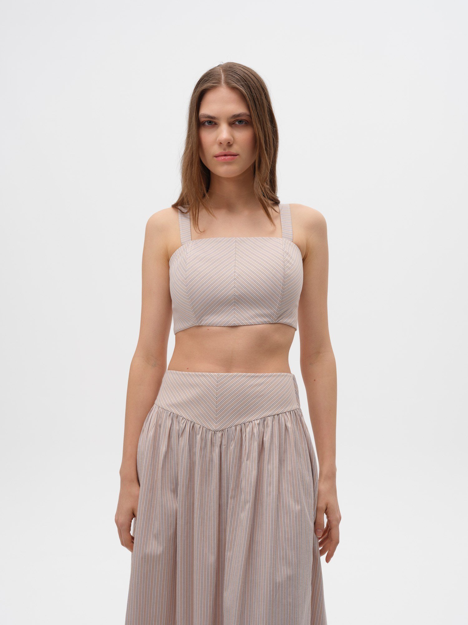 Piarbi Korse Kemer Detaylı Çizgili Bol Kesim Etek - Bej Beyaz Premium Cotton Blend Bodice Skirt