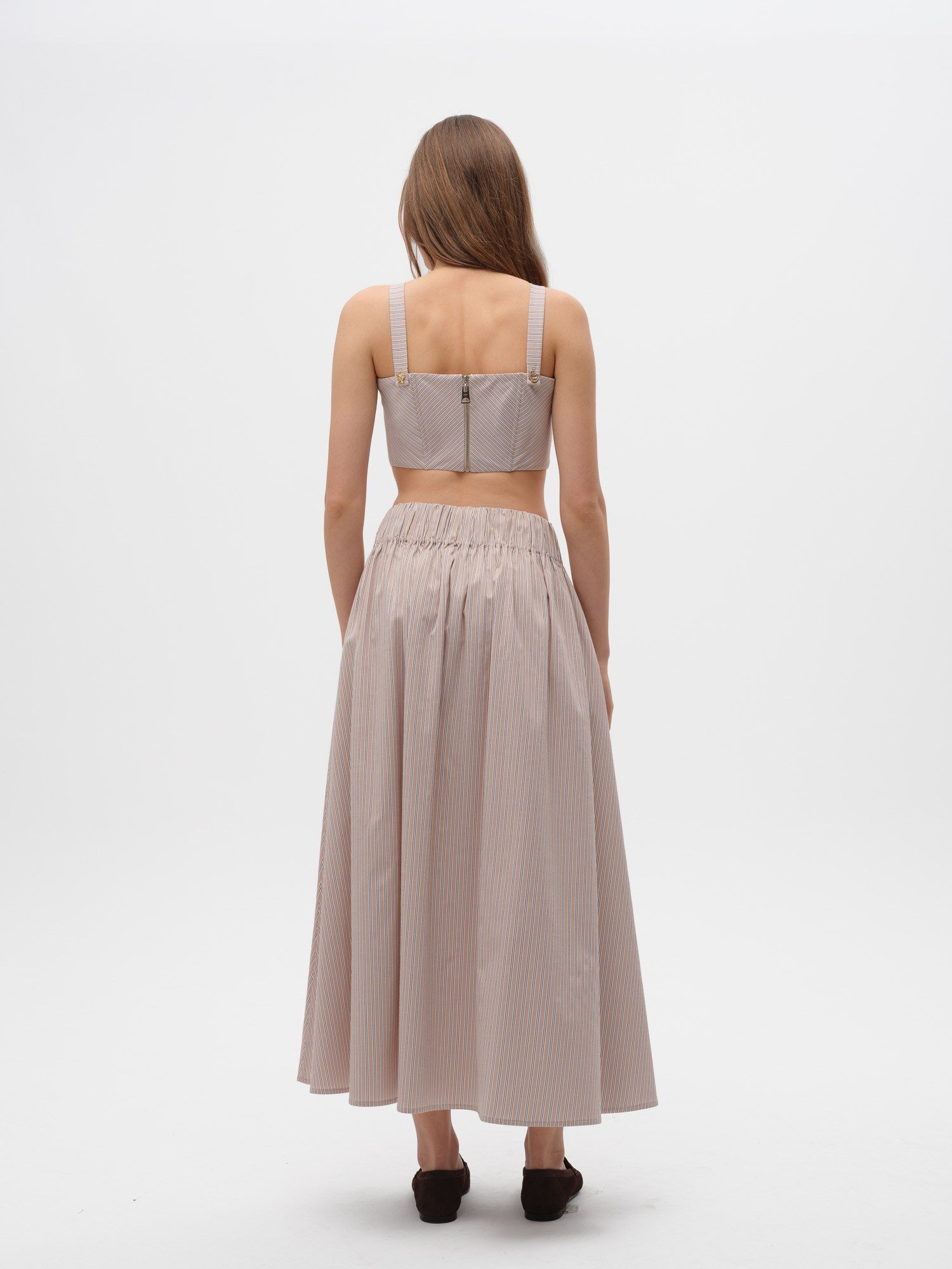 Piarbi Korse Kemer Detaylı Çizgili Bol Kesim Etek - Bej Beyaz Premium Cotton Blend Bodice Skirt