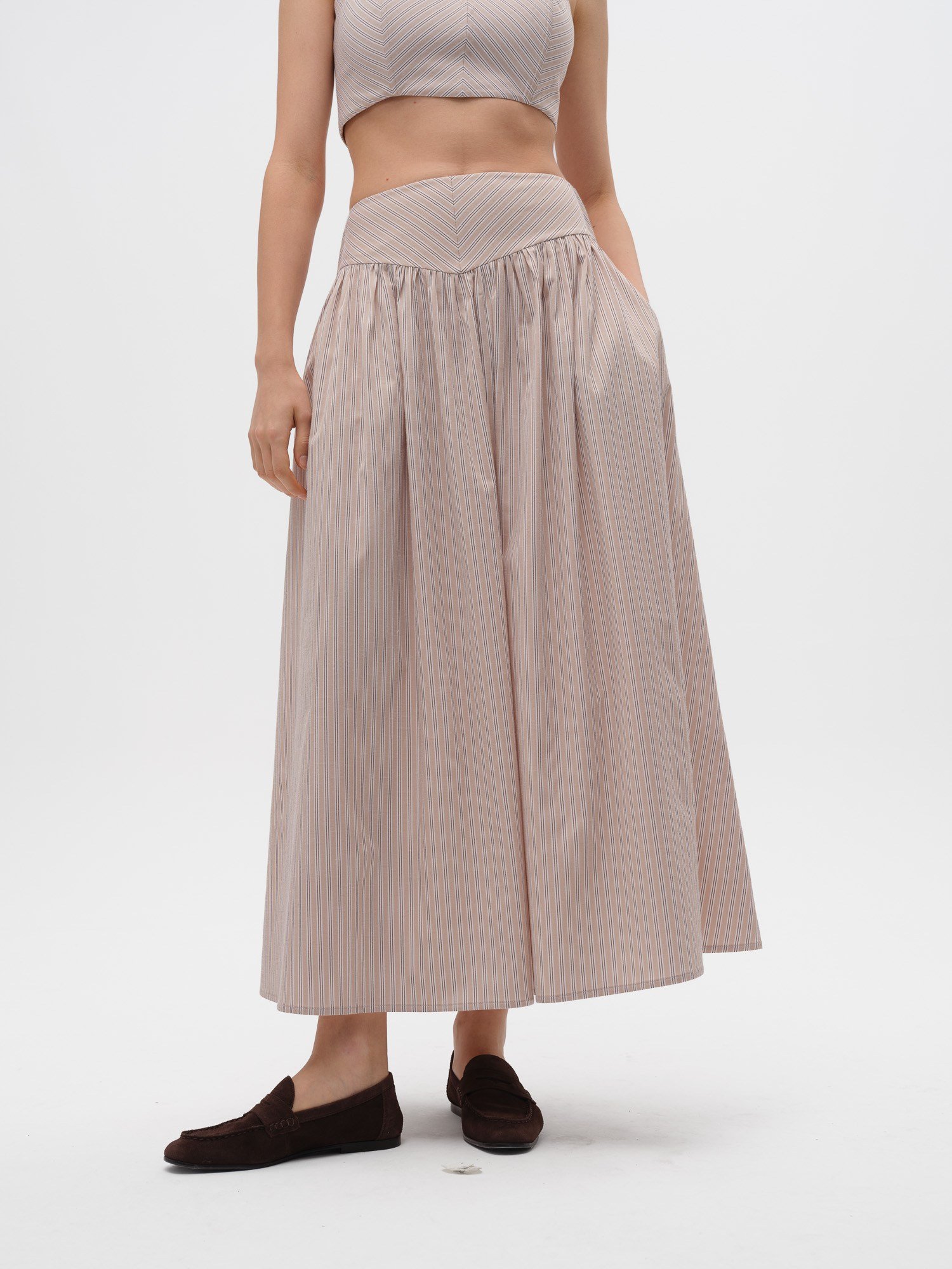 Piarbi Korse Kemer Detaylı Çizgili Bol Kesim Etek - Bej Beyaz Premium Cotton Blend Bodice Skirt
