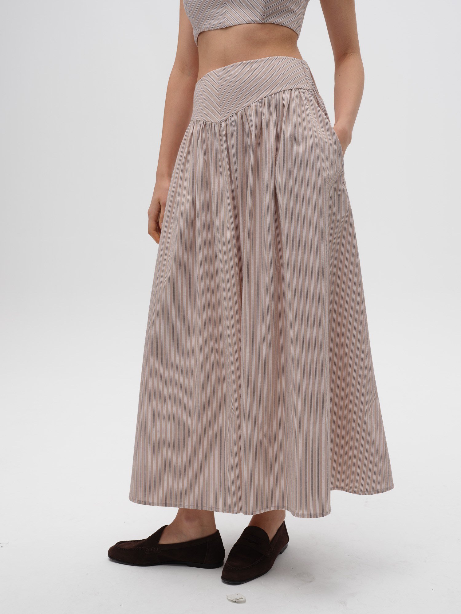 Piarbi Korse Kemer Detaylı Çizgili Bol Kesim Etek - Bej Beyaz Premium Cotton Blend Bodice Skirt
