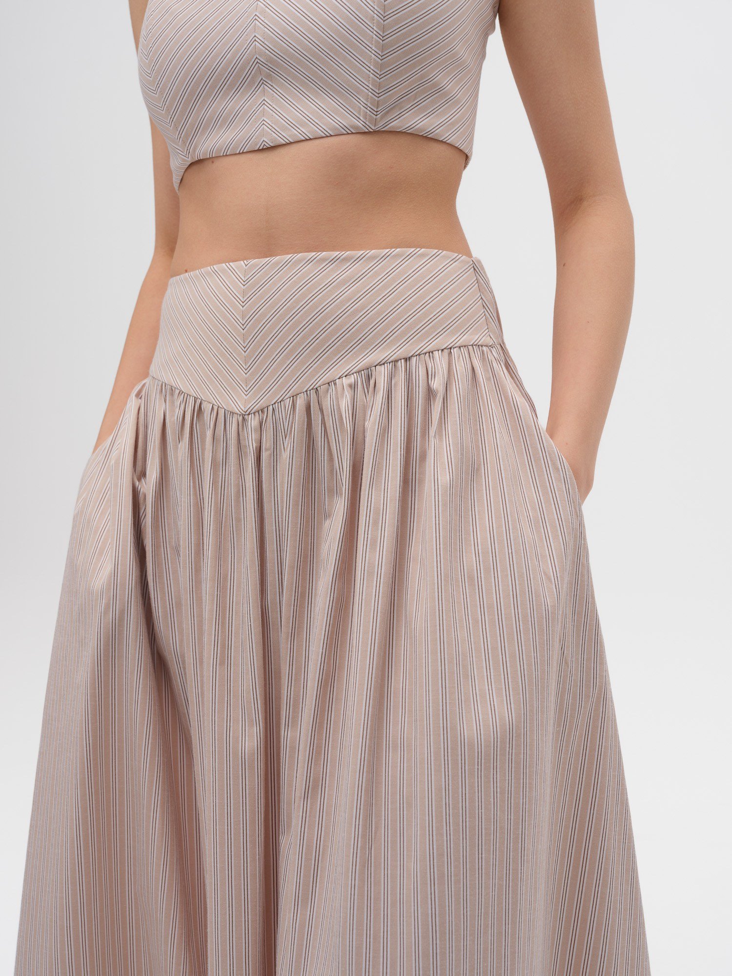 Piarbi Korse Kemer Detaylı Çizgili Bol Kesim Etek - Bej Beyaz Premium Cotton Blend Bodice Skirt