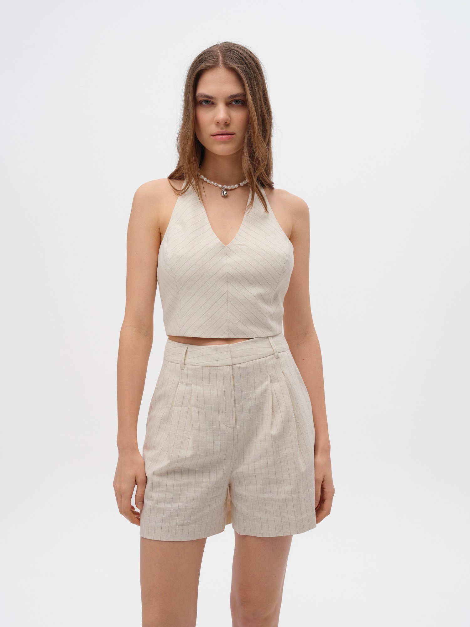 Piarbi Kuşgözü Nakış Detaylı Mikro Bluz Yelek - Çizgili Krem Keten Karışımlı Premium Eyelet Lace Short Vest