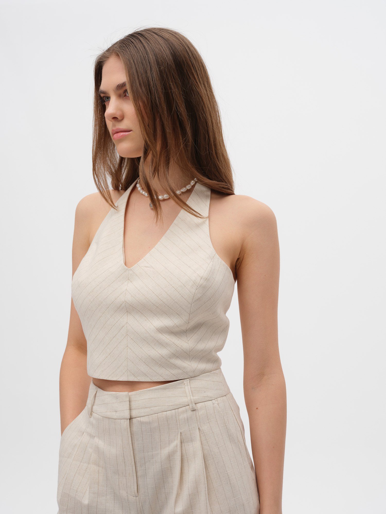 Piarbi Kuşgözü Nakış Detaylı Mikro Bluz Yelek - Çizgili Krem Keten Karışımlı Premium Eyelet Lace Short Vest