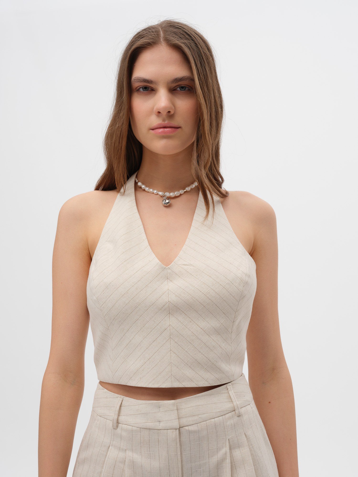 Piarbi Kuşgözü Nakış Detaylı Mikro Bluz Yelek - Çizgili Krem Keten Karışımlı Premium Eyelet Lace Short Vest