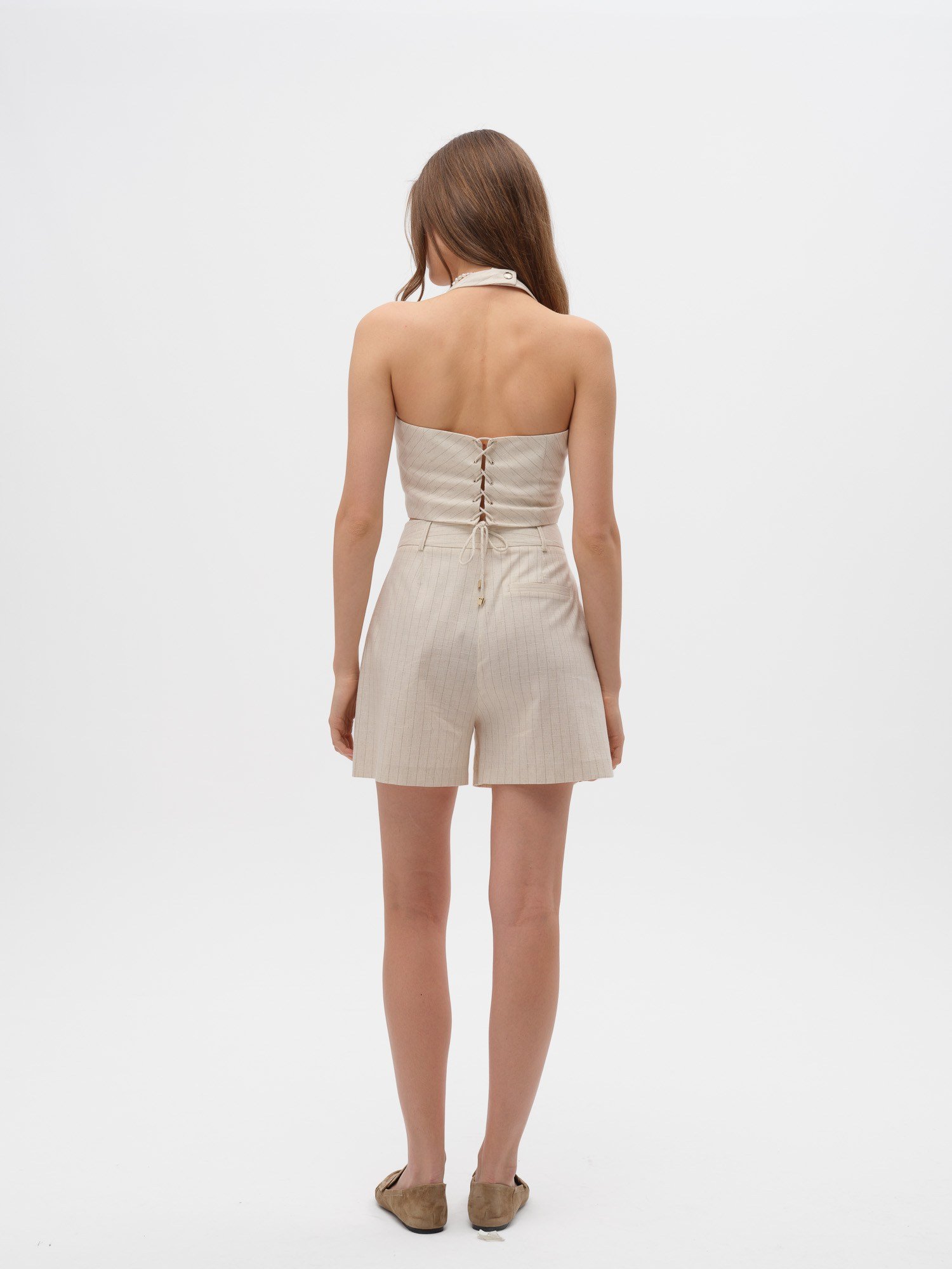 Piarbi Kuşgözü Nakış Detaylı Mikro Bluz Yelek - Çizgili Krem Keten Karışımlı Premium Eyelet Lace Short Vest