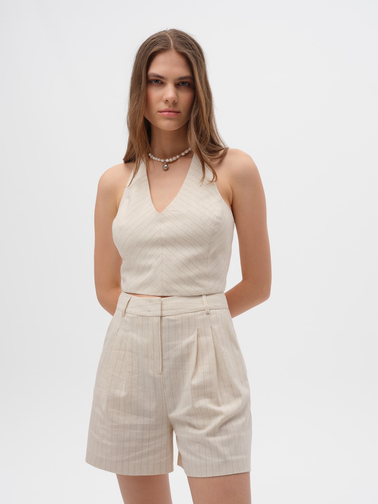 Piarbi Kuşgözü Nakış Detaylı Mikro Bluz Yelek - Çizgili Krem Keten Karışımlı Premium Eyelet Lace Short Vest