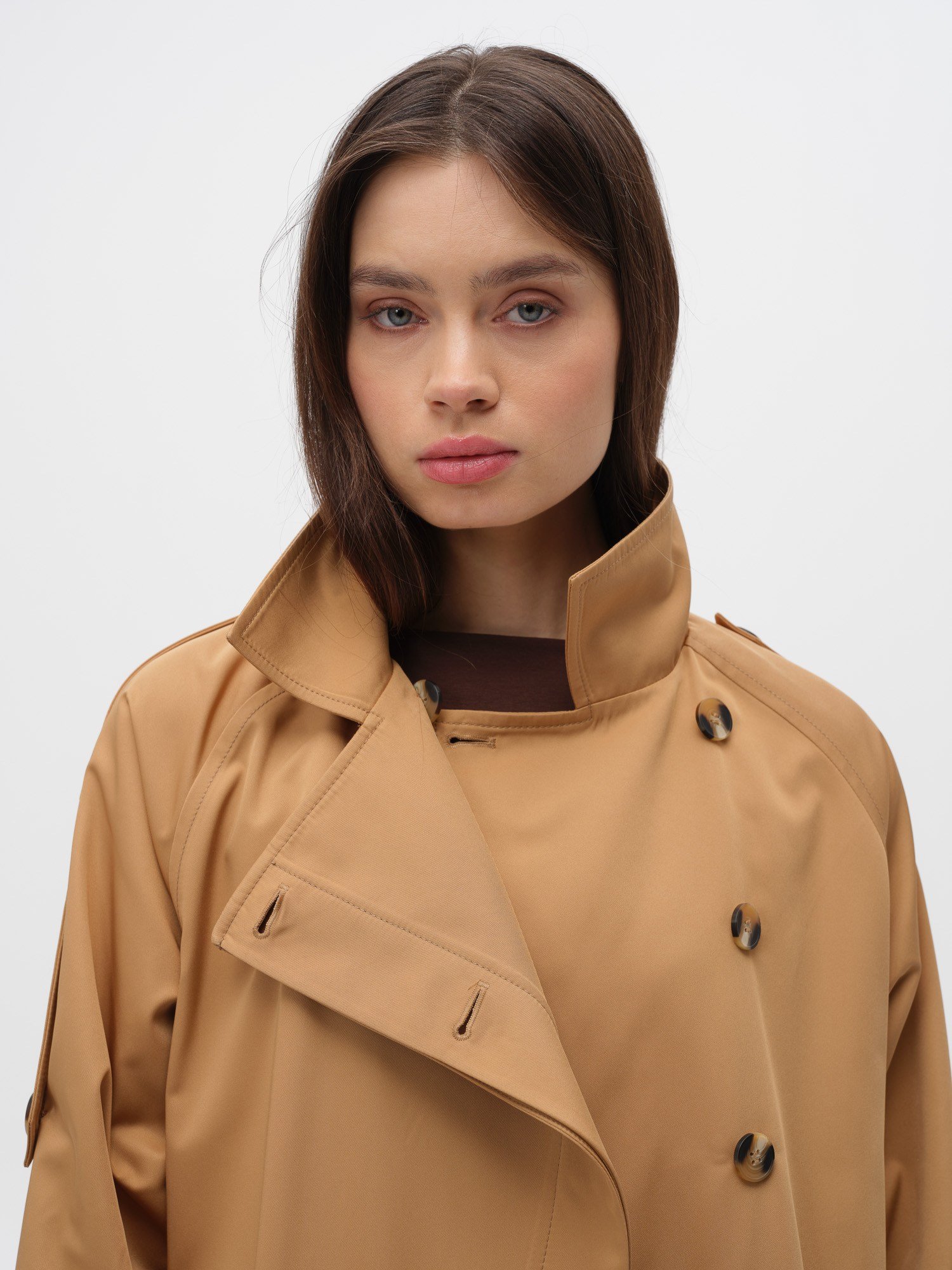 Piarbi Nakış Detaylı Asimetrik Trençkot - Camel Premium Modern Embroidery Trench Coat