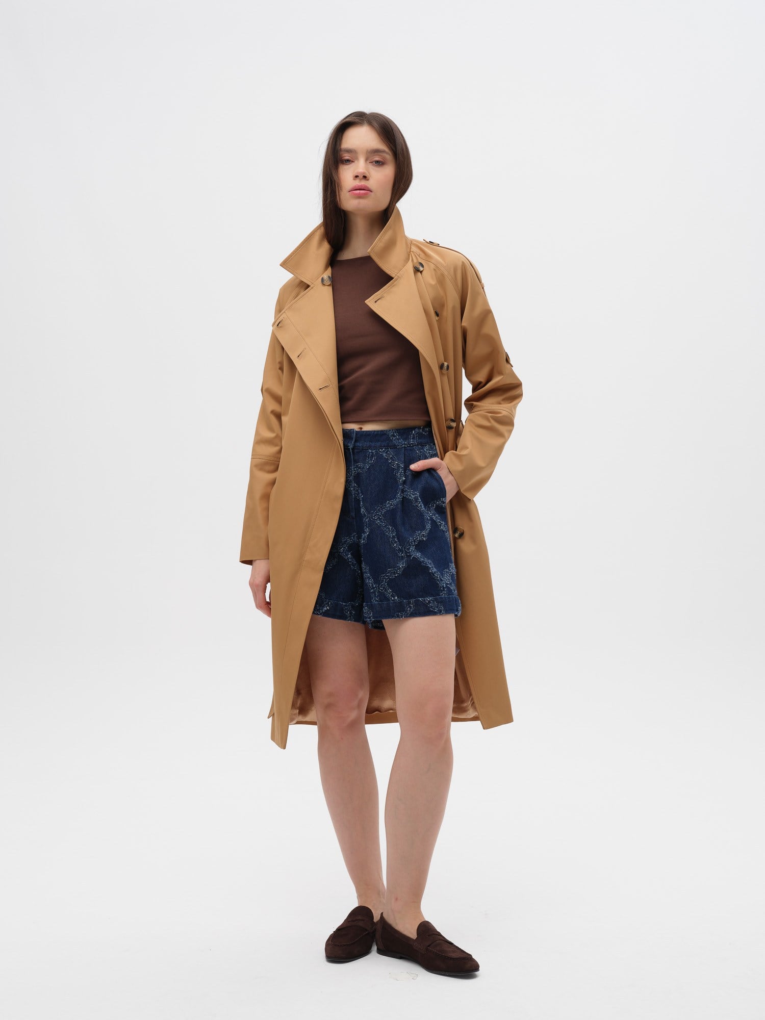 Piarbi Nakış Detaylı Asimetrik Trençkot - Camel Premium Modern Embroidery Trench Coat