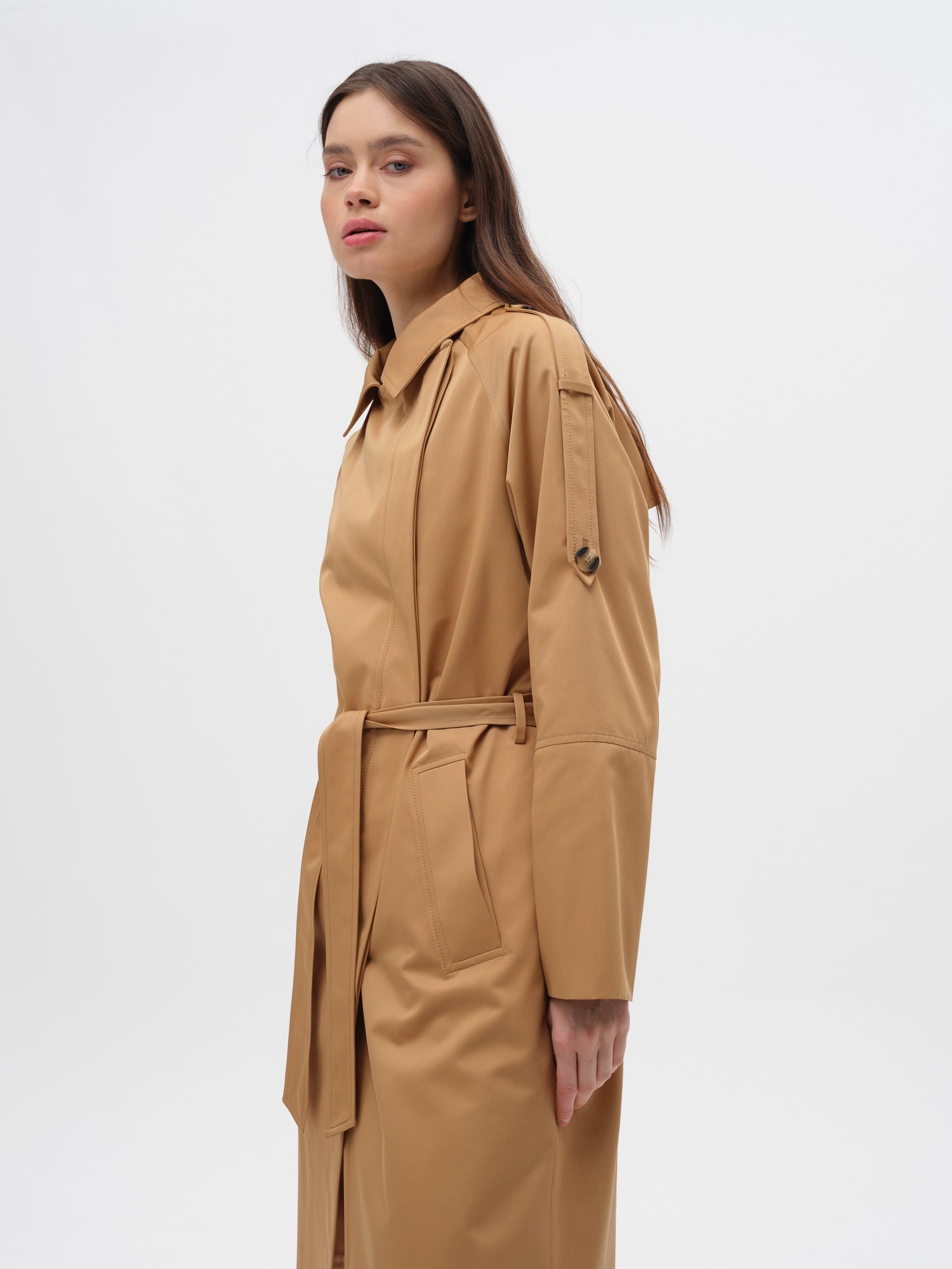 Piarbi Nakış Detaylı Asimetrik Trençkot - Camel Premium Modern Embroidery Trench Coat