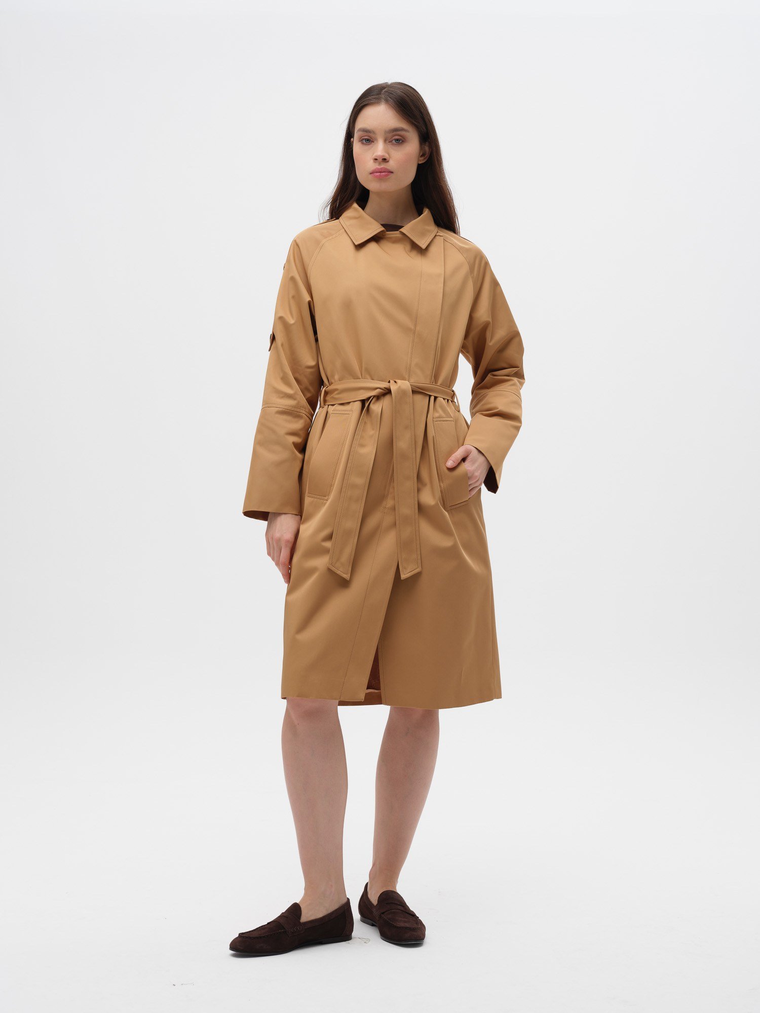 Piarbi Nakış Detaylı Asimetrik Trençkot - Camel Premium Modern Embroidery Trench Coat