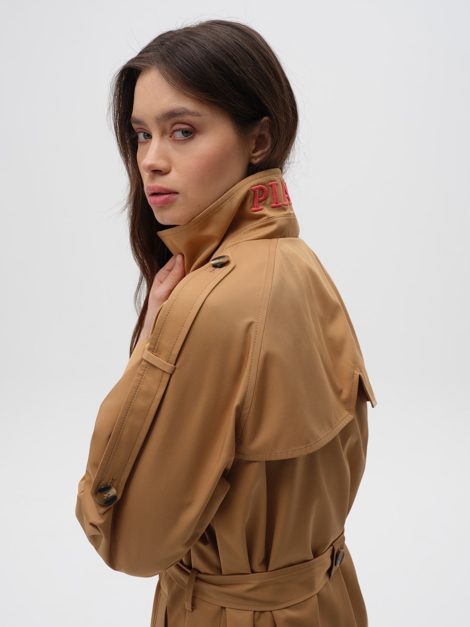 Piarbi Nakış Detaylı Asimetrik Trençkot - Camel Premium Modern Embroidery Trench Coat