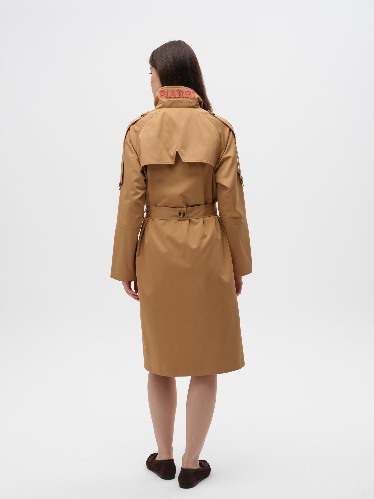 Piarbi Nakış Detaylı Asimetrik Trençkot - Camel Premium Modern Embroidery Trench Coat