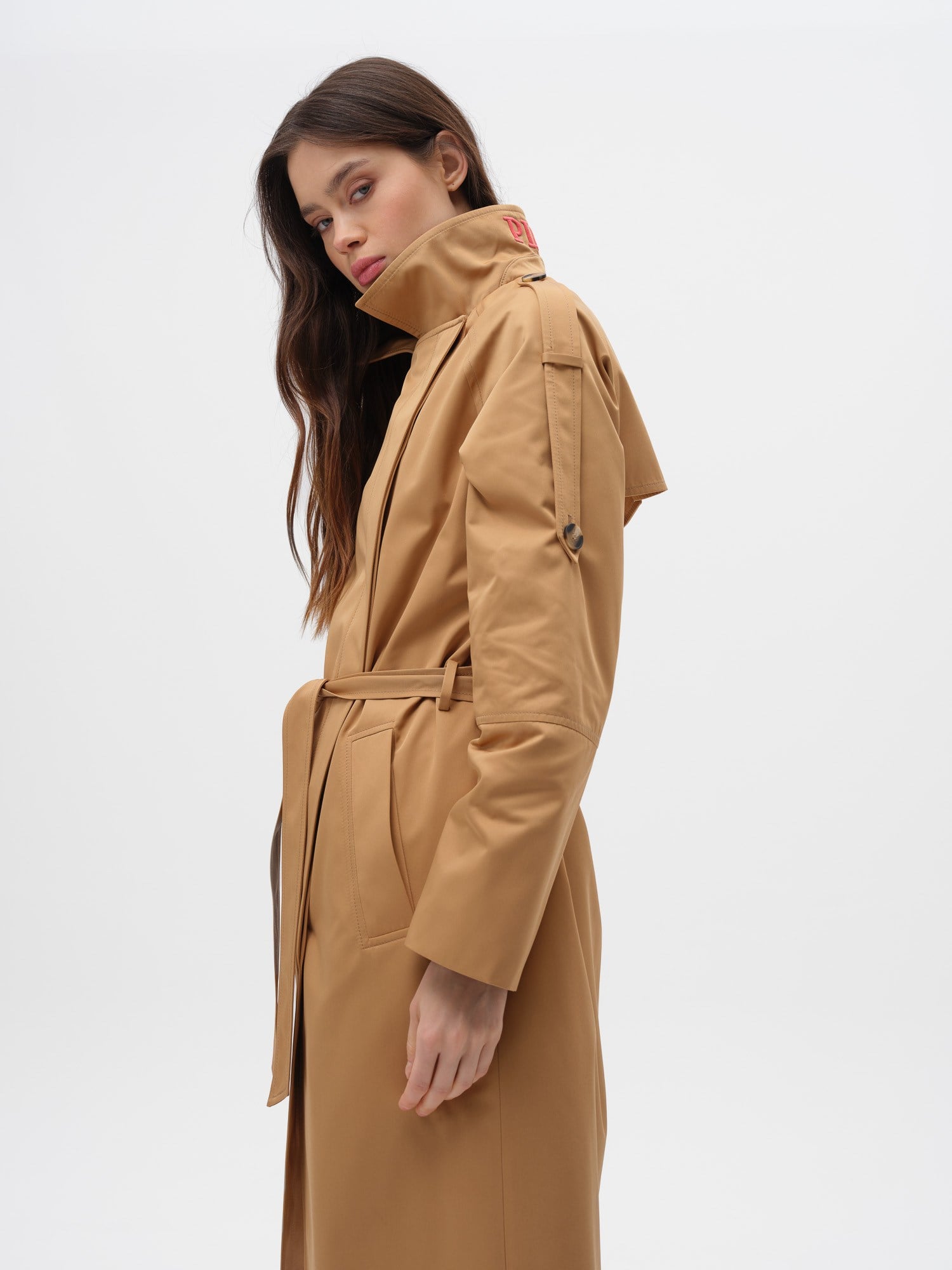 Piarbi Nakış Detaylı Asimetrik Trençkot - Camel Premium Modern Embroidery Trench Coat