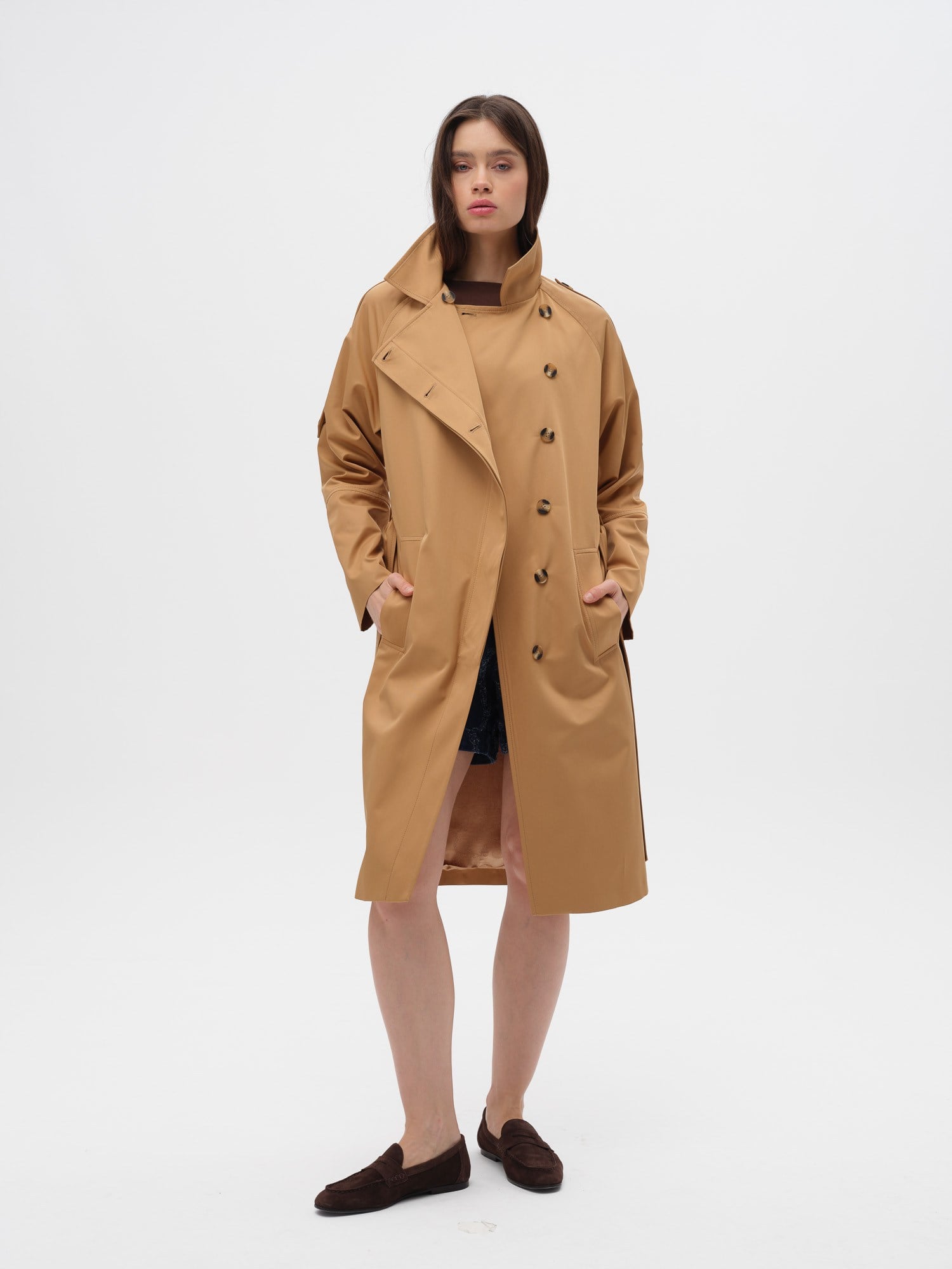 Piarbi Nakış Detaylı Asimetrik Trençkot - Camel Premium Modern Embroidery Trench Coat