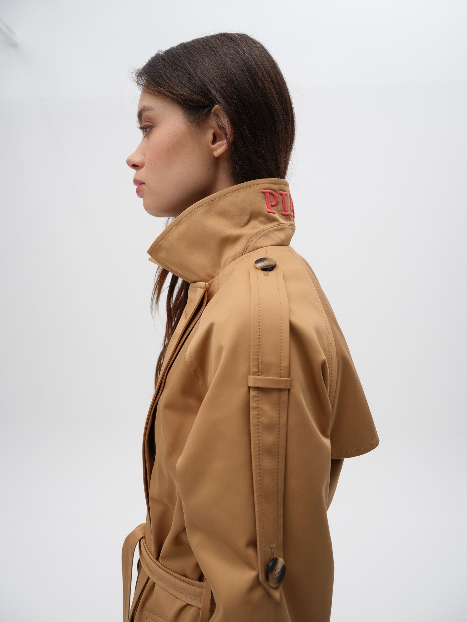 Piarbi Nakış Detaylı Asimetrik Trençkot - Camel Premium Modern Embroidery Trench Coat