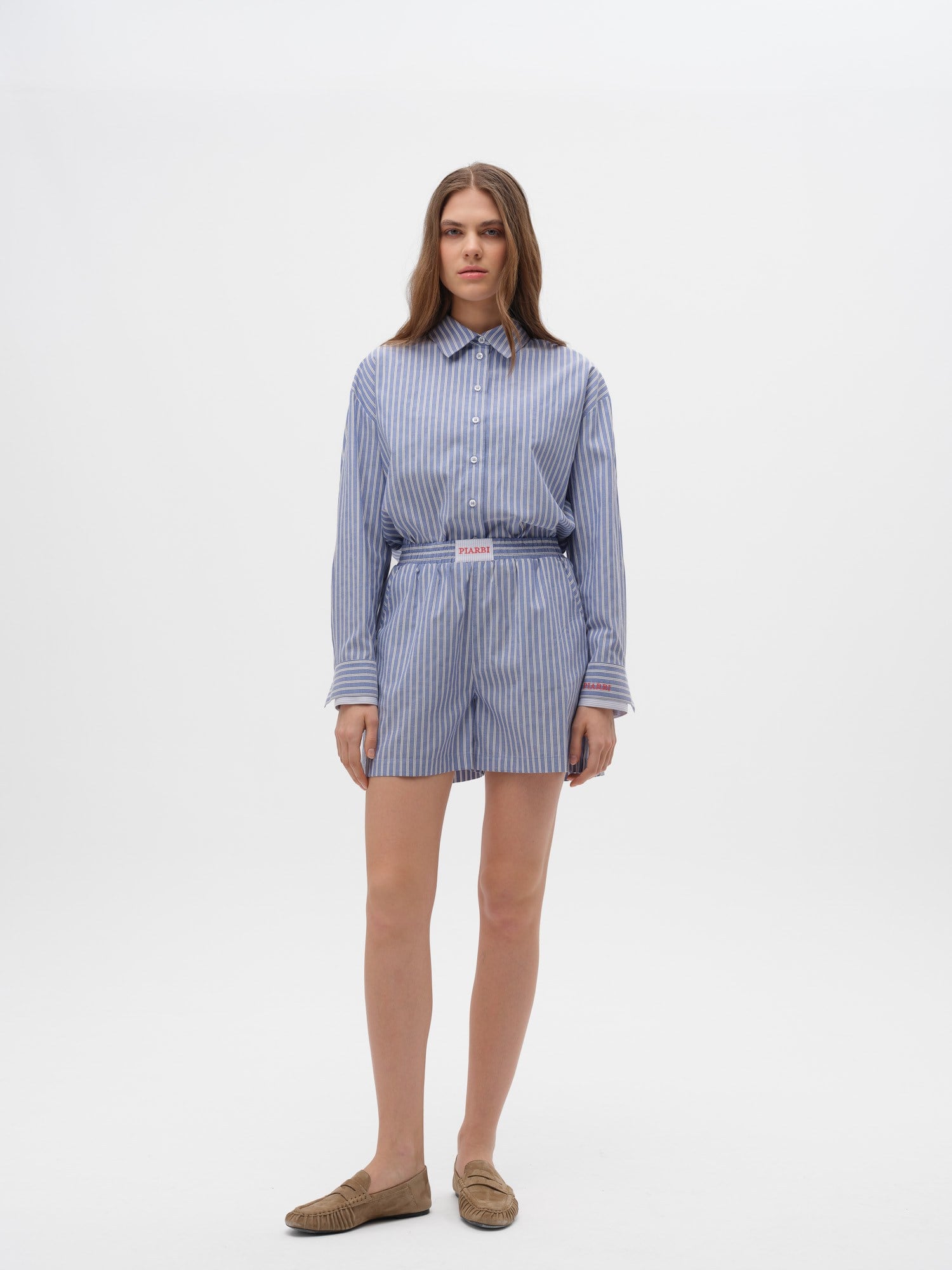 Piarbi Nakış Detaylı Çizgili Bol Kesim Şort - Mavi Beyaz Premium Cotton Blend Loose Striped Shorts