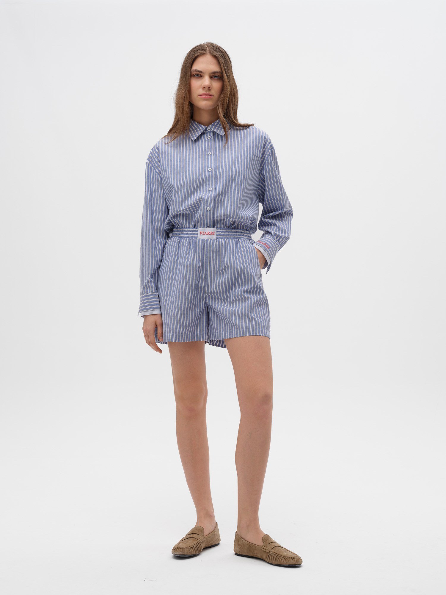 Piarbi Nakış Detaylı Çizgili Bol Kesim Şort - Mavi Beyaz Premium Cotton Blend Loose Striped Shorts